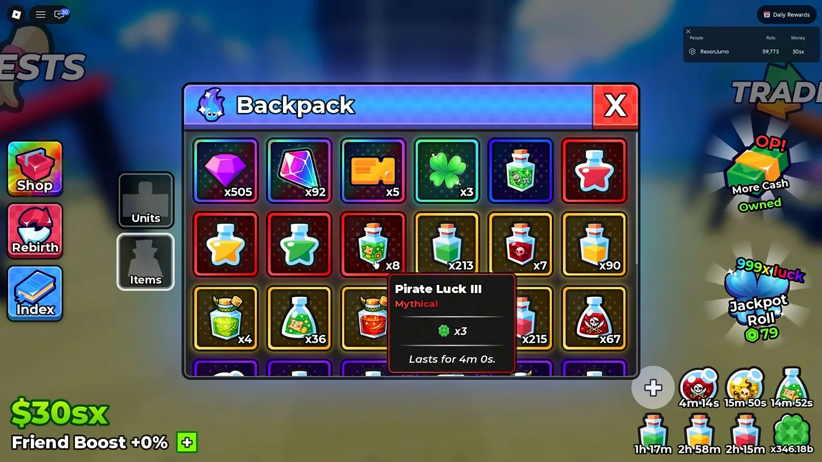 Anime Dice Backpack opened on the Items tab with a hovered potion tile whose tooltip reads Pirate Luck III, rarity Mythical, a clover glyph beside x3 and the line Lasts for 4m 0s above a grid of potion stacks and a five-ticket stack