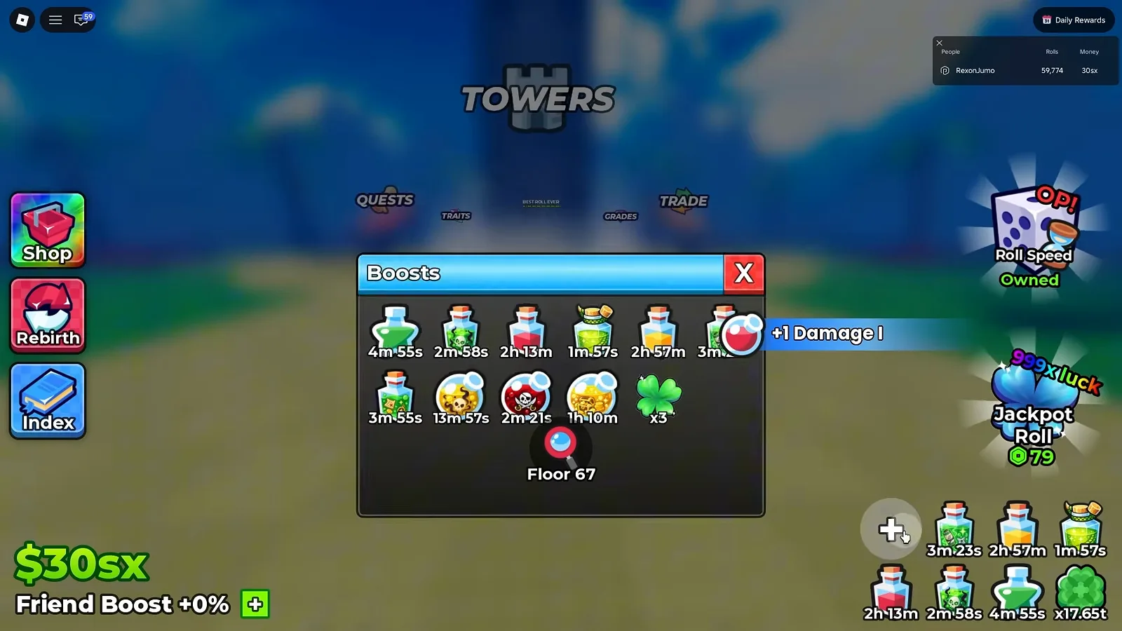 Anime Dice Boosts panel open over the hub with eleven tiles, each showing a coloured potion icon and its own countdown such as 4m 55s, 2h 13m and 13m 57s, while a plus 1 Damage I toast crosses the window