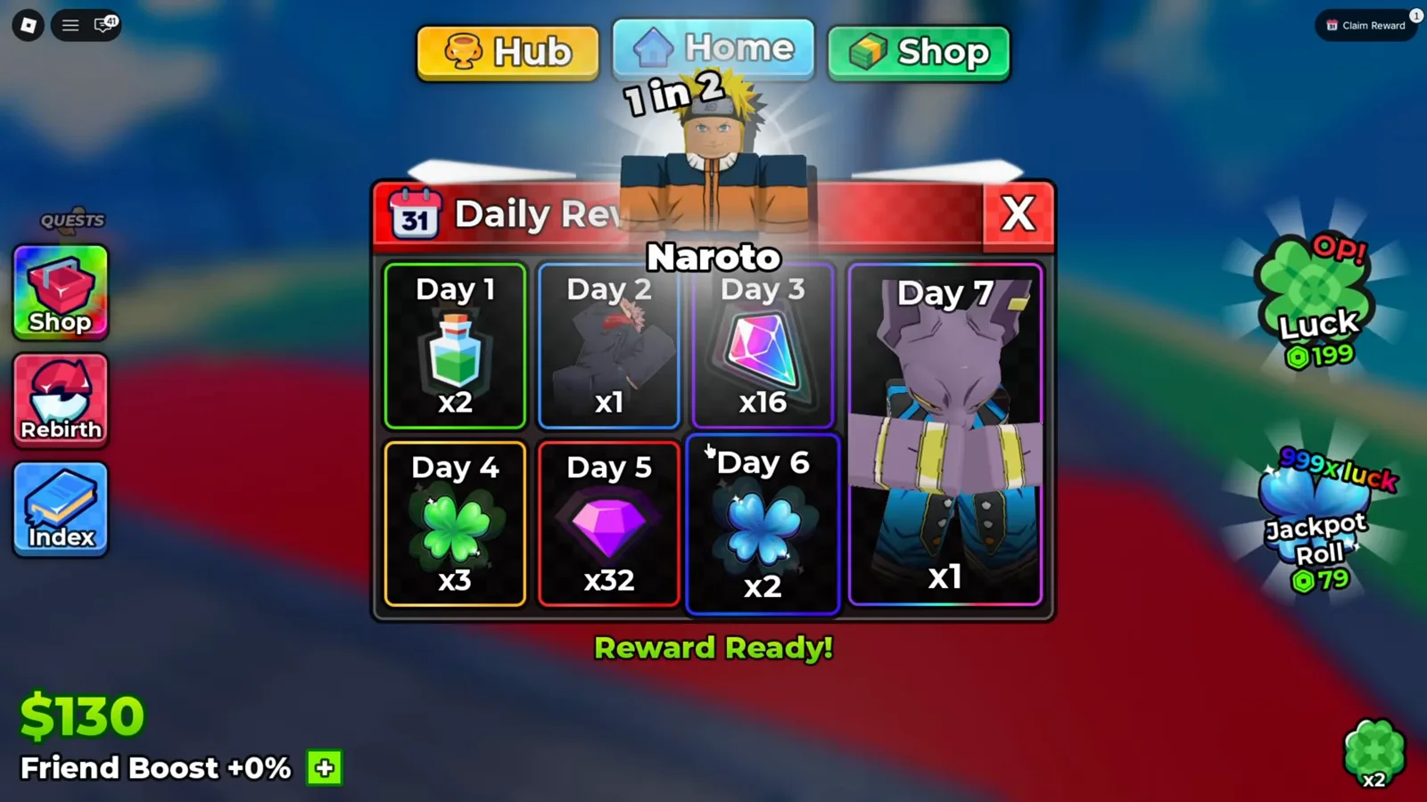 Anime Dice Daily Rewards board on a fresh account with the Day 1 tile showing a green potion flask marked x2 inside a green border, Day 3 showing sixteen pink reroll crystals and Day 5 showing thirty-two purple gems