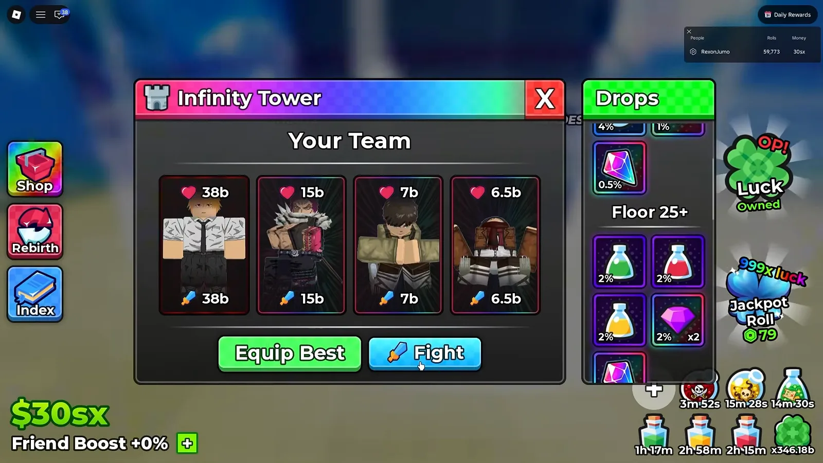 Anime Dice Infinity Tower panel with four team slots on the left and a Drops column on the right whose Floor 25 plus band lists a green potion, a red potion and a gold potion at 2% each beside a purple gem