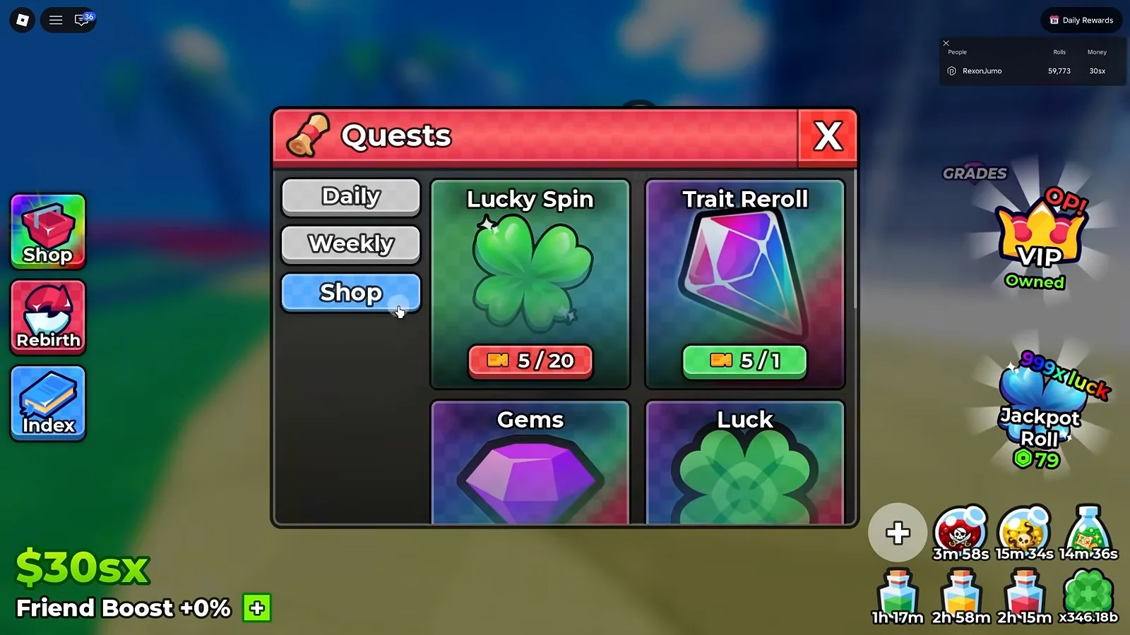 Anime Dice Quests panel opened on the Shop tab showing four cards named Lucky Spin, Trait Reroll, Gems and Luck, the first two carrying ticket-icon price pills reading 5 slash 20 and 5 slash 1
