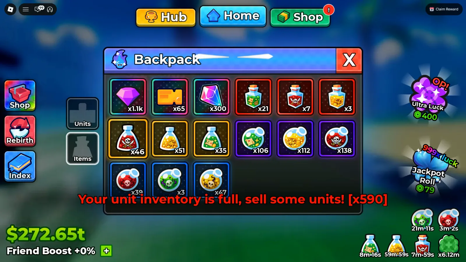 The ticket stack lives in the Items tab, not on a currency bar — 65 of them beside 1.1k gems and 300 reroll crystals Anime Dice Backpack on the Items tab showing a purple gem stack of 1.1k, an orange ticket stack of 65, a pink crystal stack of 300 and rows of potions with their counts