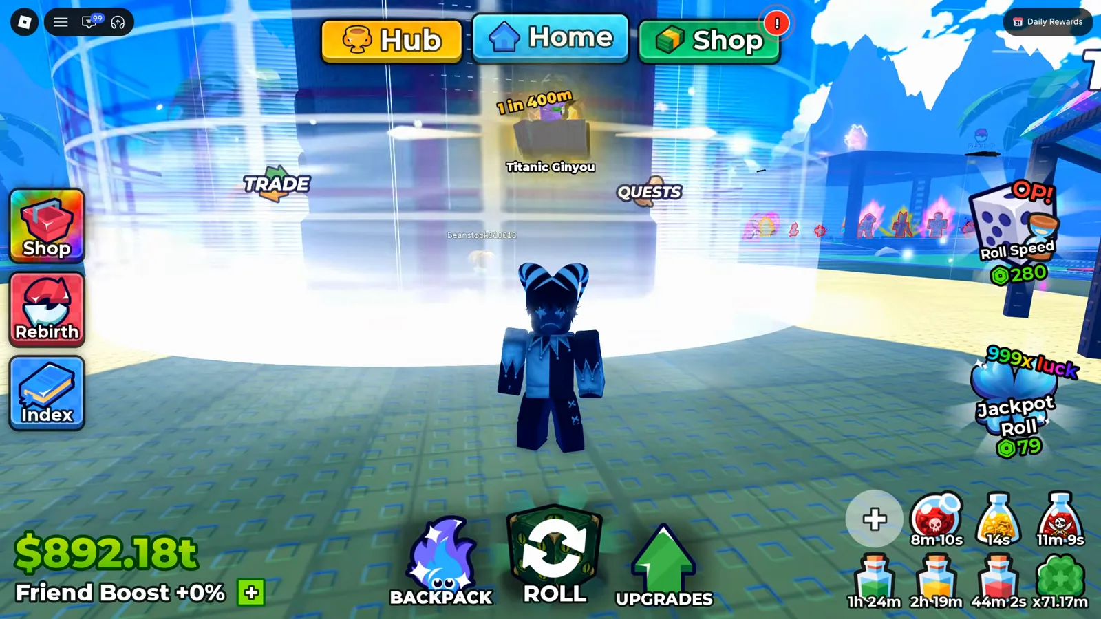 Quests is a place, not a menu: the scroll-icon stall sign sits just past the tower column in the hub Anime Dice hub with the glowing tower column in the centre, a TRADE sign to the left and a QUESTS stall sign with a scroll icon to the right of it