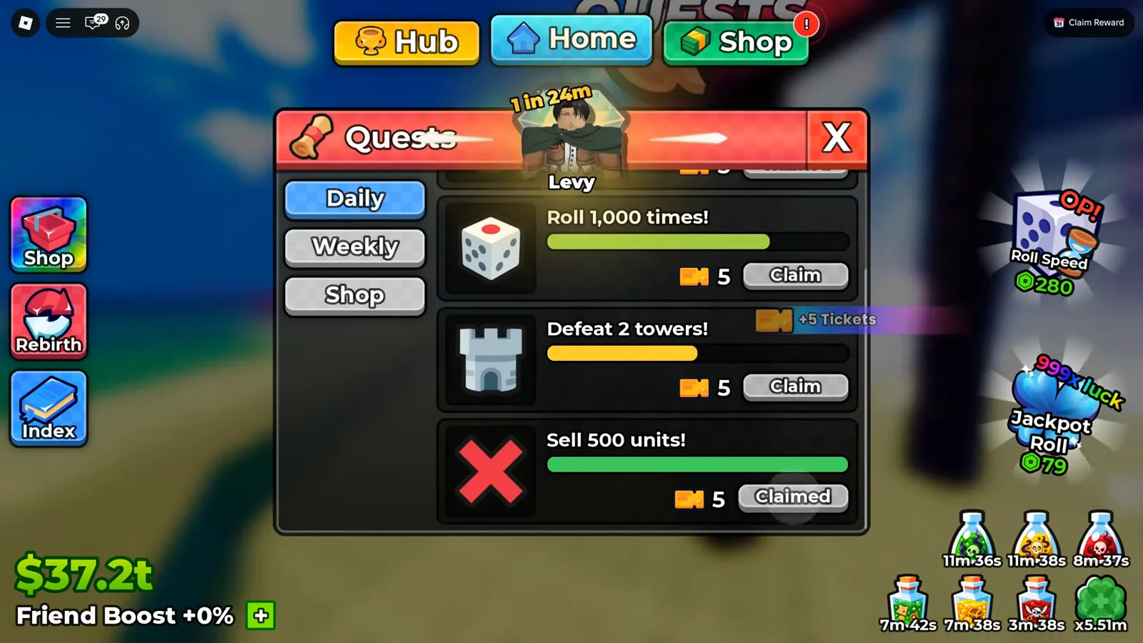 A plus 5 Tickets toast crossing the board is the only payout receipt the game prints — the number itself never moves anywhere else on screen Quests panel scrolled down on the Daily tab in Anime Dice showing Roll 1,000 times!, Defeat 2 towers! with a plus 5 Tickets toast crossing the panel, and Sell 500 units! marked Claimed at 5 tickets each