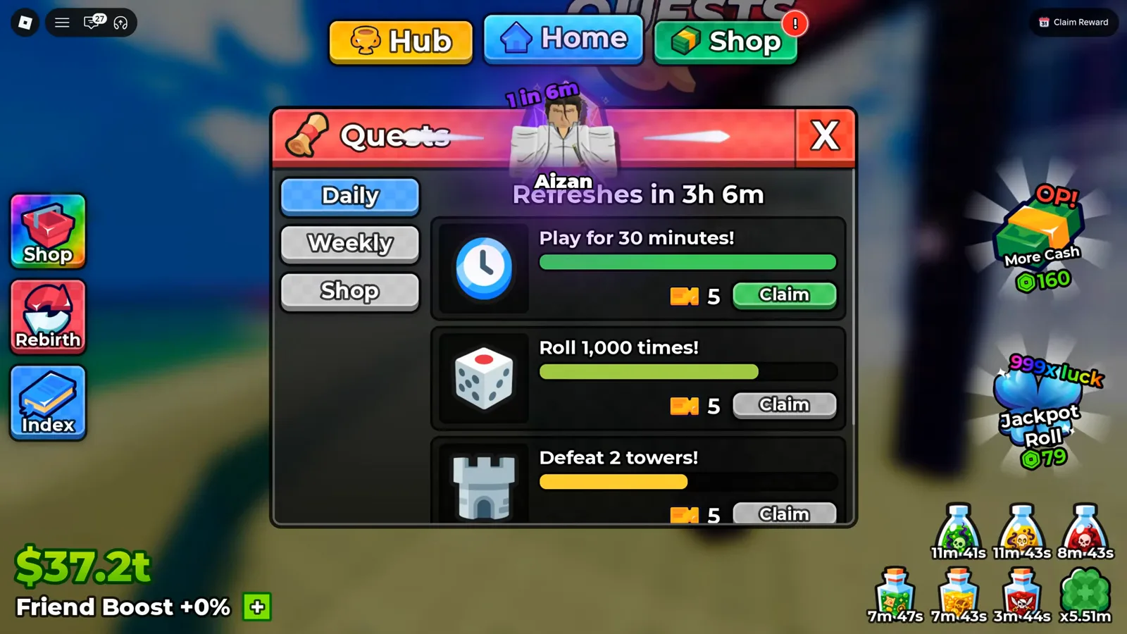 The top of the Daily board: goal text, progress bar, ticket icon, number, Claim button — the same five parts on every row Quests panel in Anime Dice on the Daily tab, listing Play for 30 minutes! with a green Claim button, Roll 1,000 times! and Defeat 2 towers! each worth 5 tickets, under a Refreshes in 3h 6m header