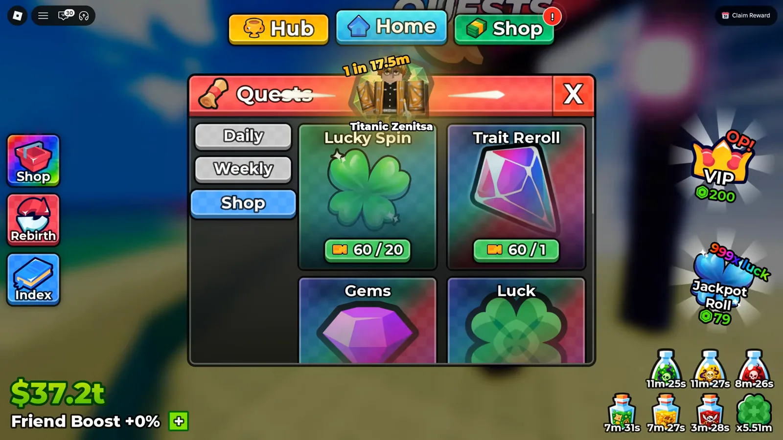 The Shop tab is where tickets leave the account: two priced cards on screen, two more below the fold Quests panel in Anime Dice opened on the Shop tab showing a Lucky Spin card priced 60 slash 20 and a Trait Reroll card priced 60 slash 1 with a ticket icon on each, above Gems and Luck cards cut off at the bottom