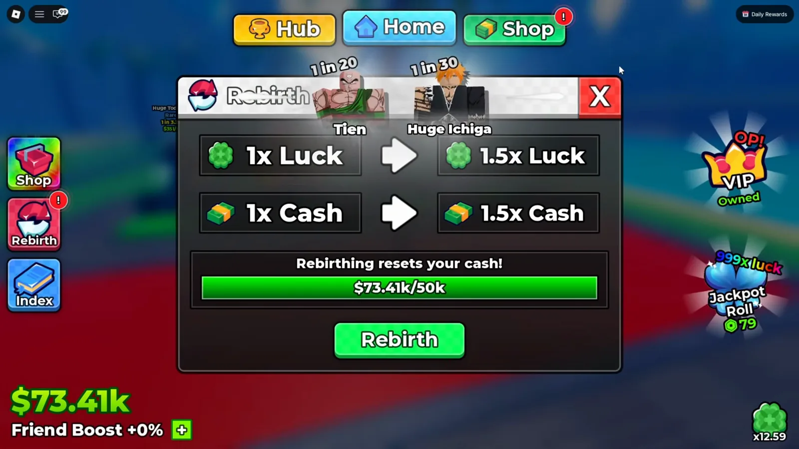アニメダイスのリバースパネルが新しいアカウントの初回リバース提示として1x Luckが1.5x Luckへ、1x Cashが1.5x Cashへ上がる様子を、満杯の緑のプログレスバー（$73.41k/50k）と緑のRebirthボタンとともに表示している