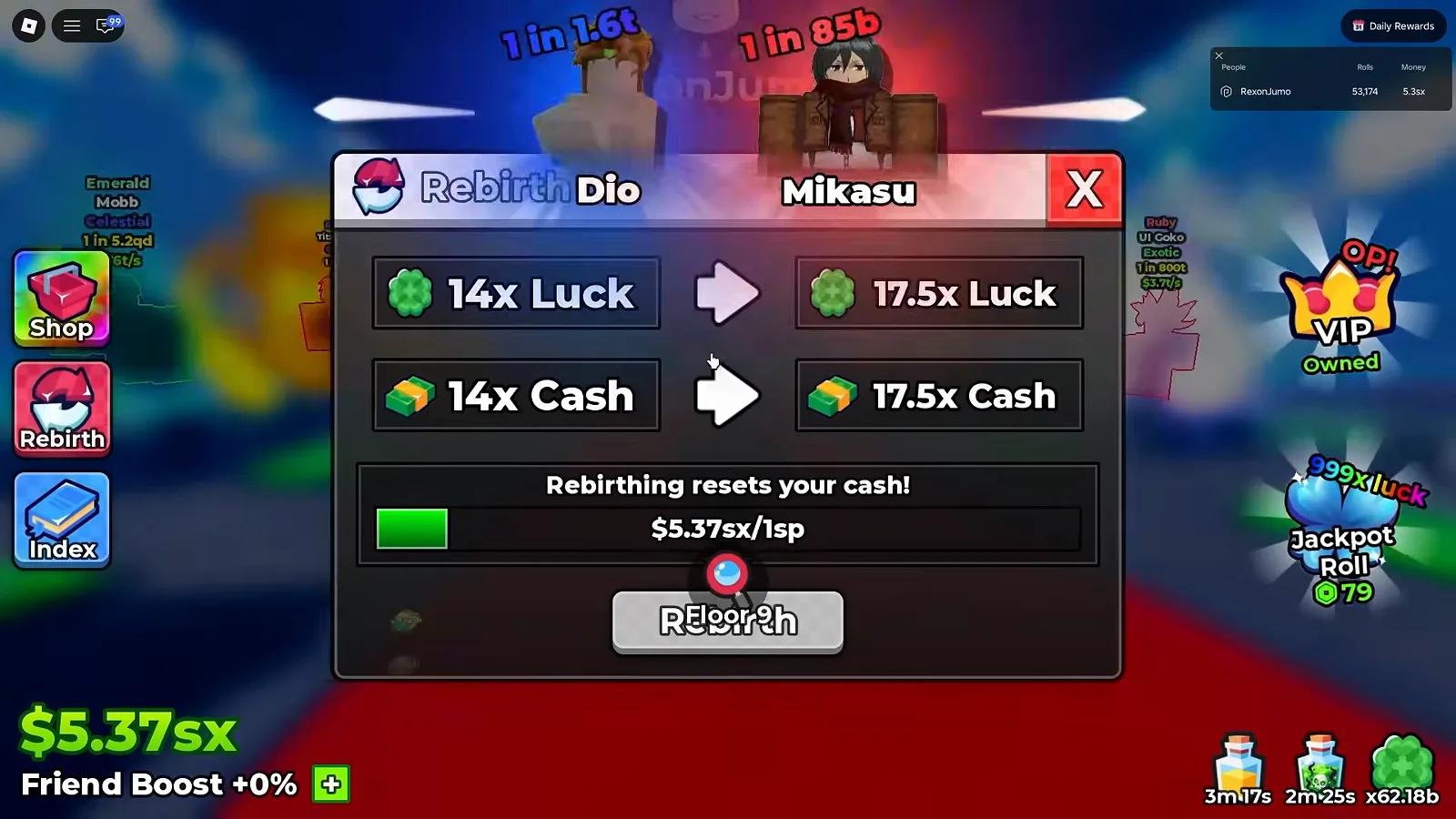 Anime Dice Rebirth panel on a late-game account showing 14x Luck upgrading to 17.5x Luck and 14x Cash to 17.5x Cash above a Rebirthing resets your cash warning and a $5.37sx over 1sp progress bar