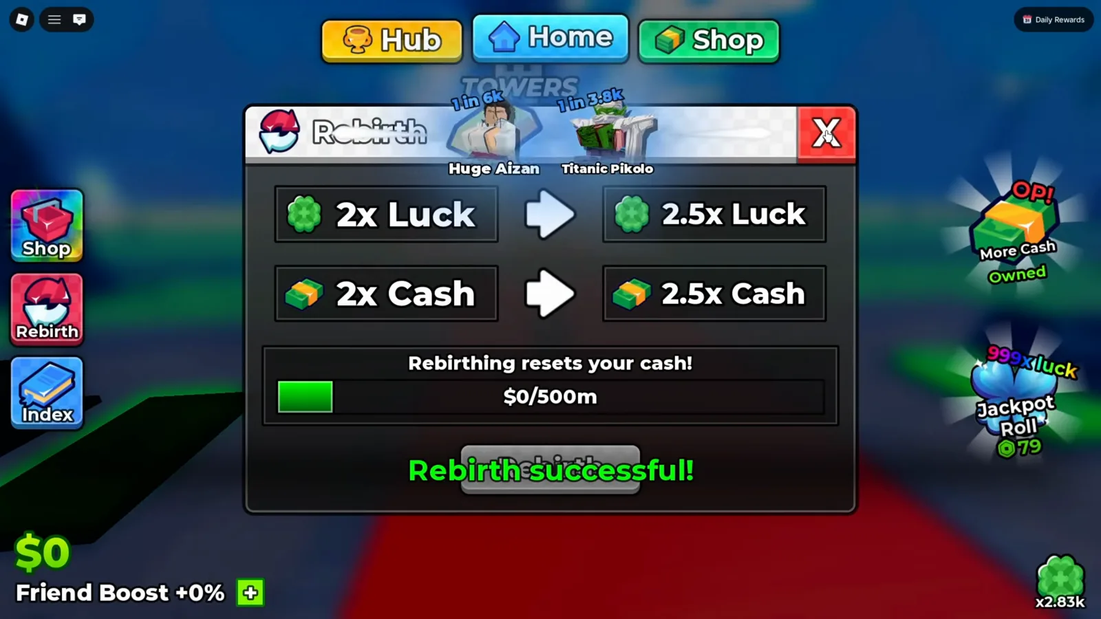 Anime Dice Rebirth panel after a reset showing the next offer advanced to 2x Luck upgrading to 2.5x Luck, the cash balance and progress bar at zero against a 500m cost and a Rebirth successful banner