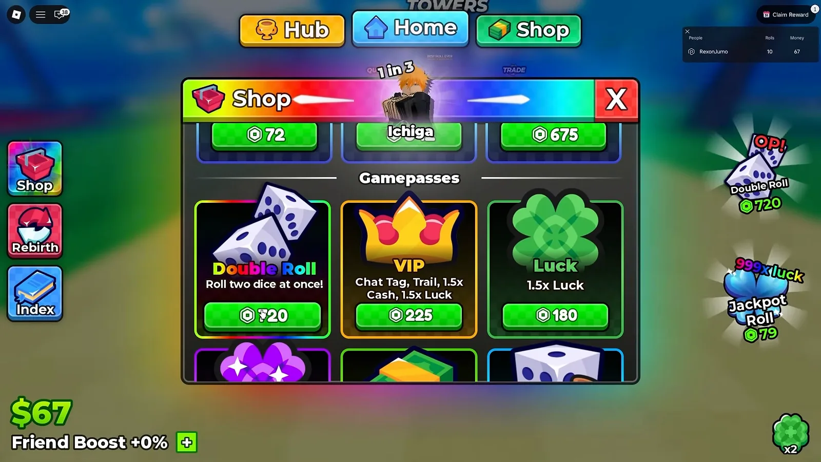 Top row of the gamepass list — Double Roll, VIP and Luck with their Robux prices on green buttons Anime Dice Shop panel Gamepasses section listing Double Roll for 720 Robux, VIP for 225 Robux and Luck for 180 Robux with each card's effect text printed under its name