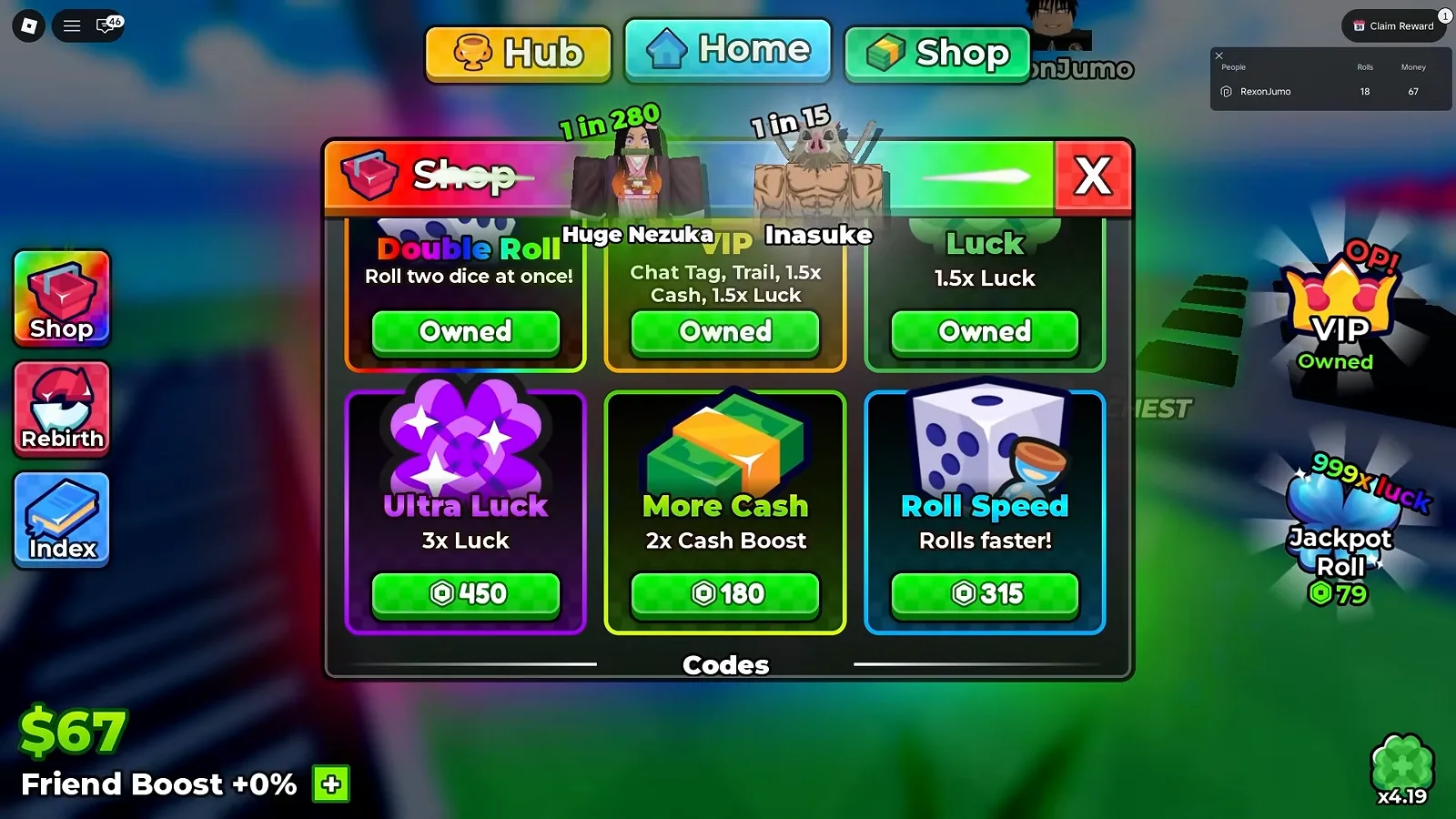Bottom row of gamepasses: Ultra Luck, More Cash and Roll Speed, with the Codes box just below Anime Dice Shop panel scrolled to the second Gamepasses row showing Ultra Luck at 3x Luck for 450 Robux, More Cash at 2x Cash Boost for 180 Robux and Roll Speed at 315 Robux above the Codes section