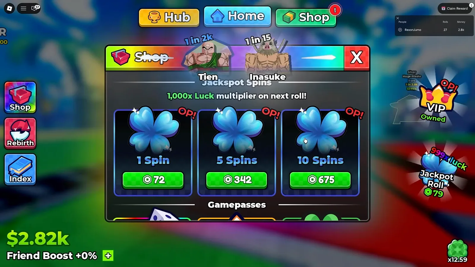 The three jackpot spin bundles, each marked OP, priced 72, 342 and 675 Robux Anime Dice Jackpot Spins section advertising a 1,000x Luck multiplier on the next roll with one spin at 72 Robux, five spins at 342 Robux and ten spins at 675 Robux