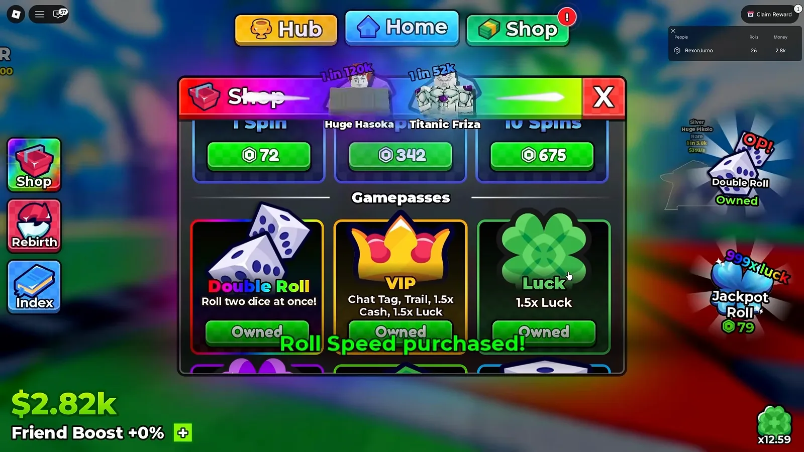 Jackpot Spins sit directly above the Gamepasses list — consumable bursts versus permanent upgrades Anime Dice Shop panel showing the Jackpot Spins prices of 72, 342 and 675 Robux directly above a Gamepasses row where Double Roll, VIP and Luck all read Owned after purchase