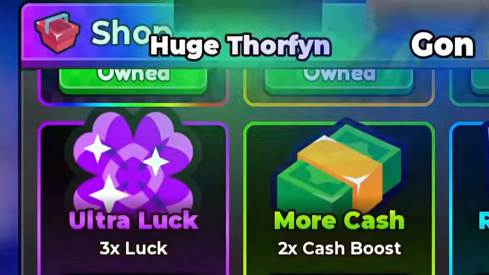 The Anime Dice Shop panel in a UPD 5 session showing the Ultra Luck, More Cash and Roll Speed cards with their effect text and a green Owned button instead of a price, because the account already owns them