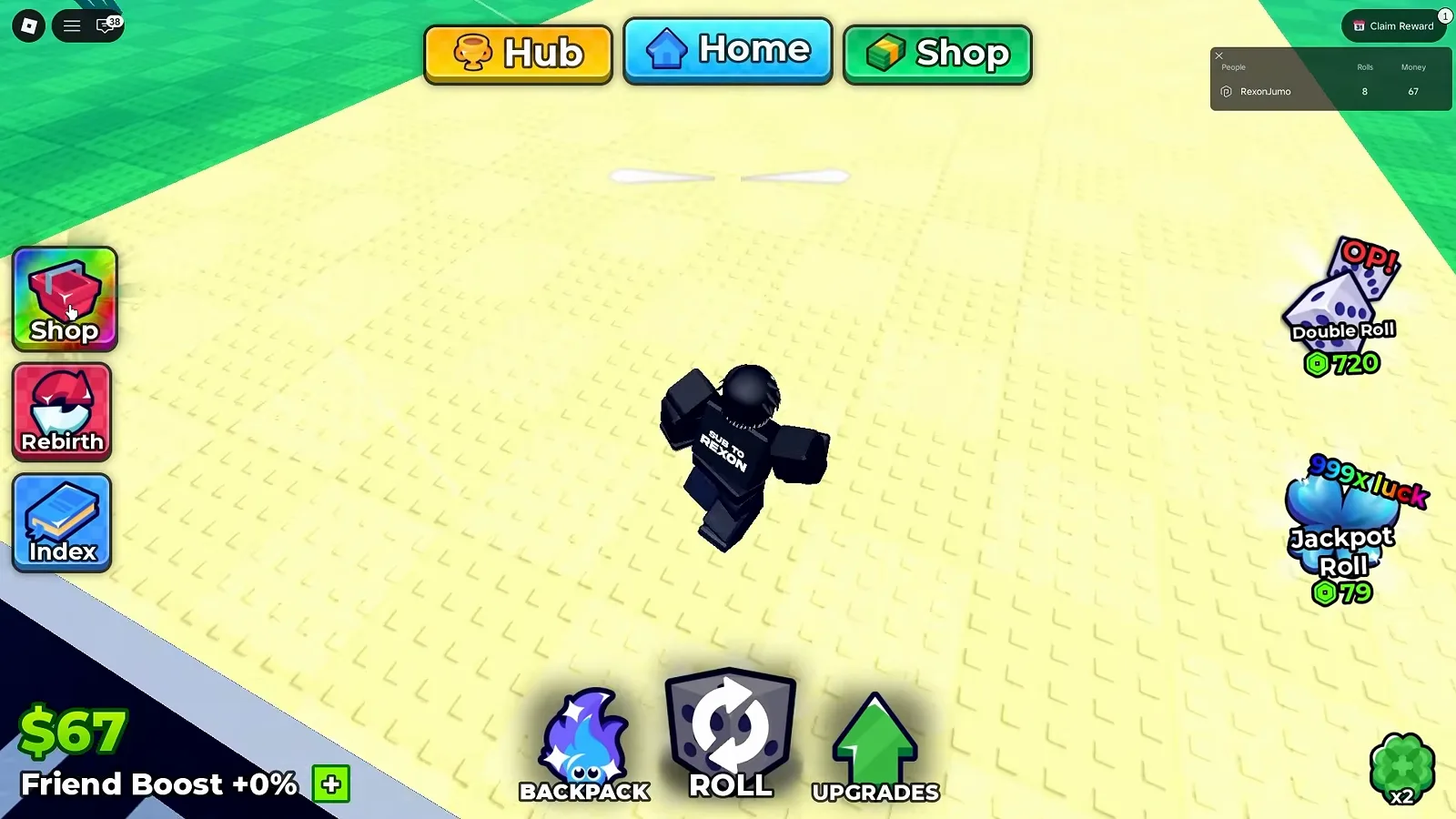 Anime Dice base screen with the Shop, Rebirth and Index buttons on the left and floating world quick-buy icons for the 720 Robux Double Roll and the 999x luck Jackpot Roll at 79 Robux on the right