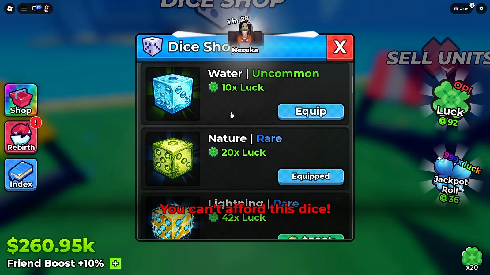 Anime Dice Dice Shop panel with Water at Uncommon showing 10x Luck, Nature at Rare showing 20x Luck and a third row at 42x Luck, each dice shown beside an Equip button