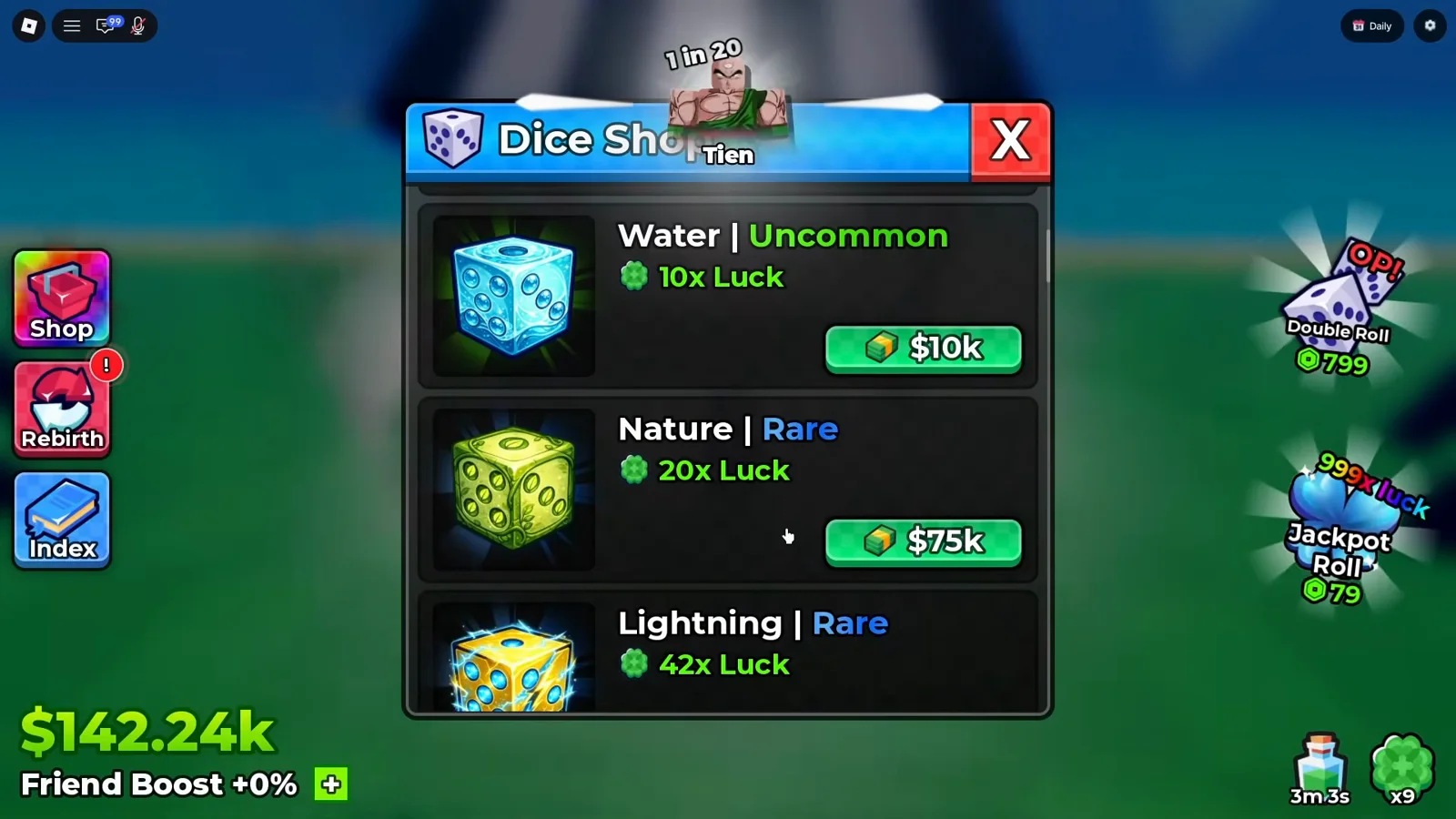 The same three Anime Dice Dice Shop rows reading Water at Uncommon with 10x Luck, Nature at Rare with 20x Luck and Lightning at Rare with 42x Luck, captured in a second session