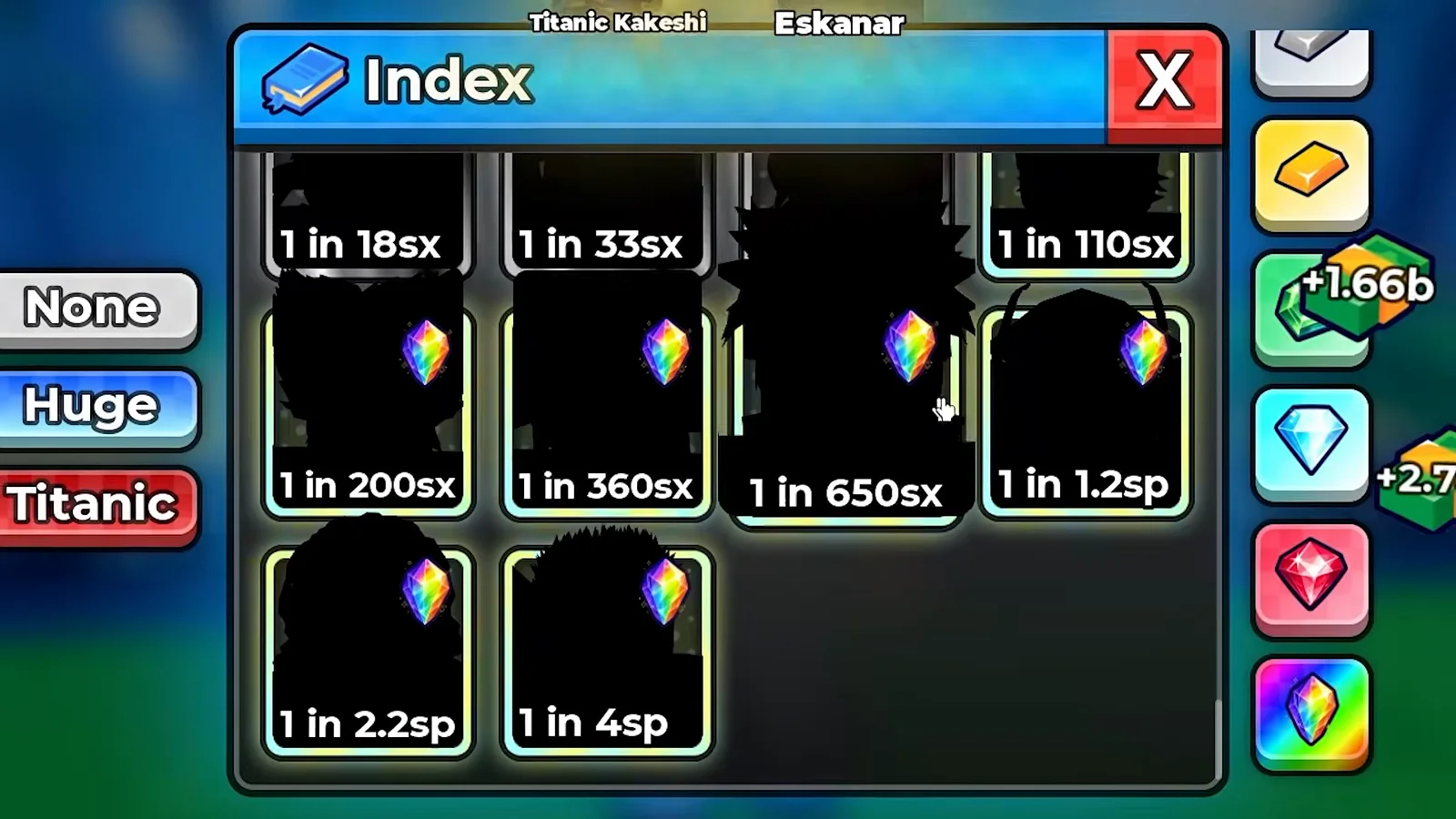 The Anime Dice Index panel open with the None Huge and Titanic buttons down its left edge, a four-wide grid of unit cards each stamped with a 1 in odds figure, and an unlabelled column of six resource icons down the right