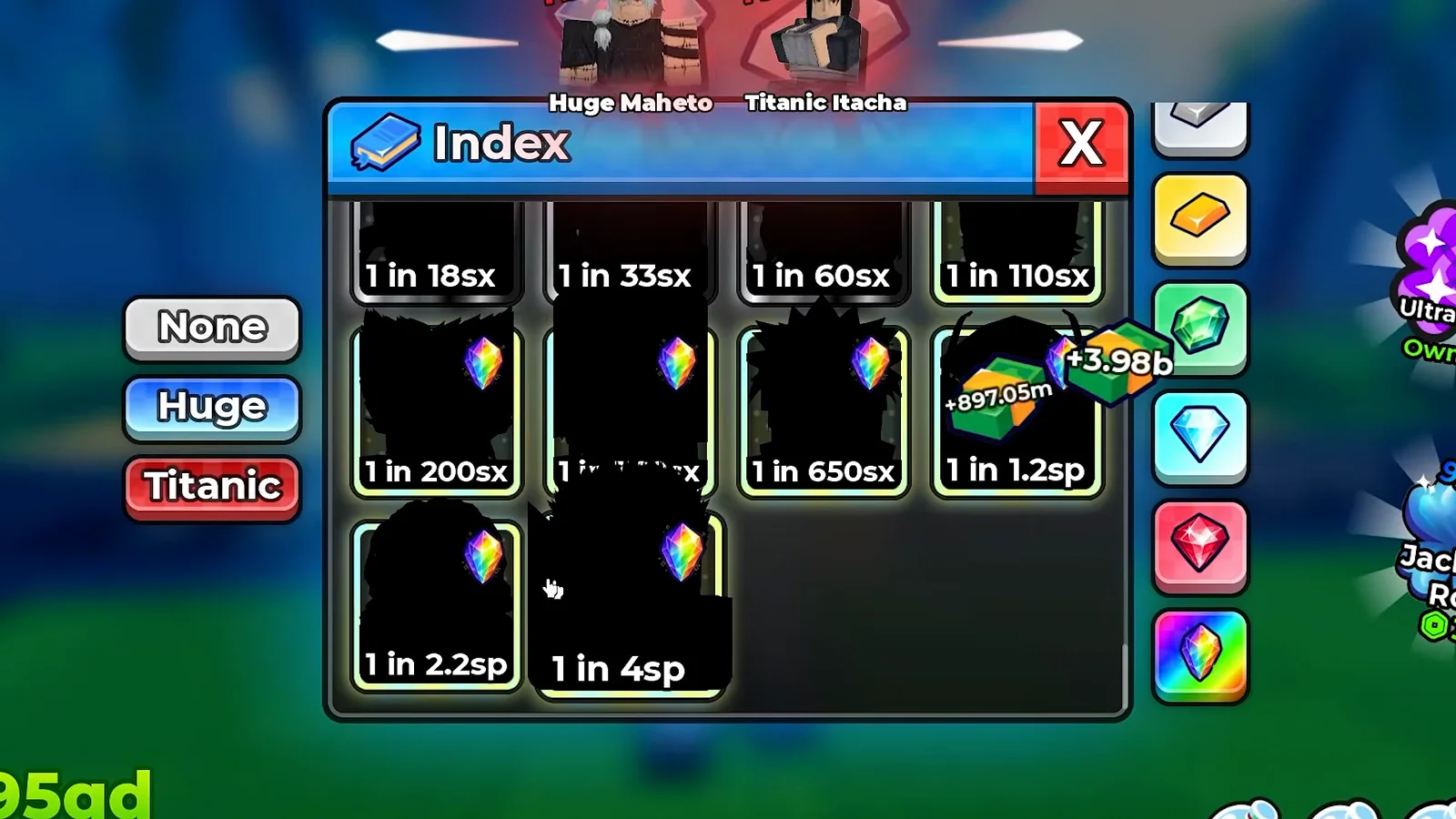 The same Anime Dice Index panel three seconds later, one unit card drawn larger than the others and covering the odds figure of the card behind it, with the 2.2sp and 4sp cards filling the last row