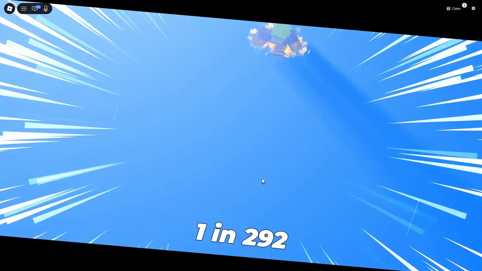 Anime Dice roll reveal with the white figure 1 in 292 printed over a blue radial burst animation and the Claim button on the HUD behind