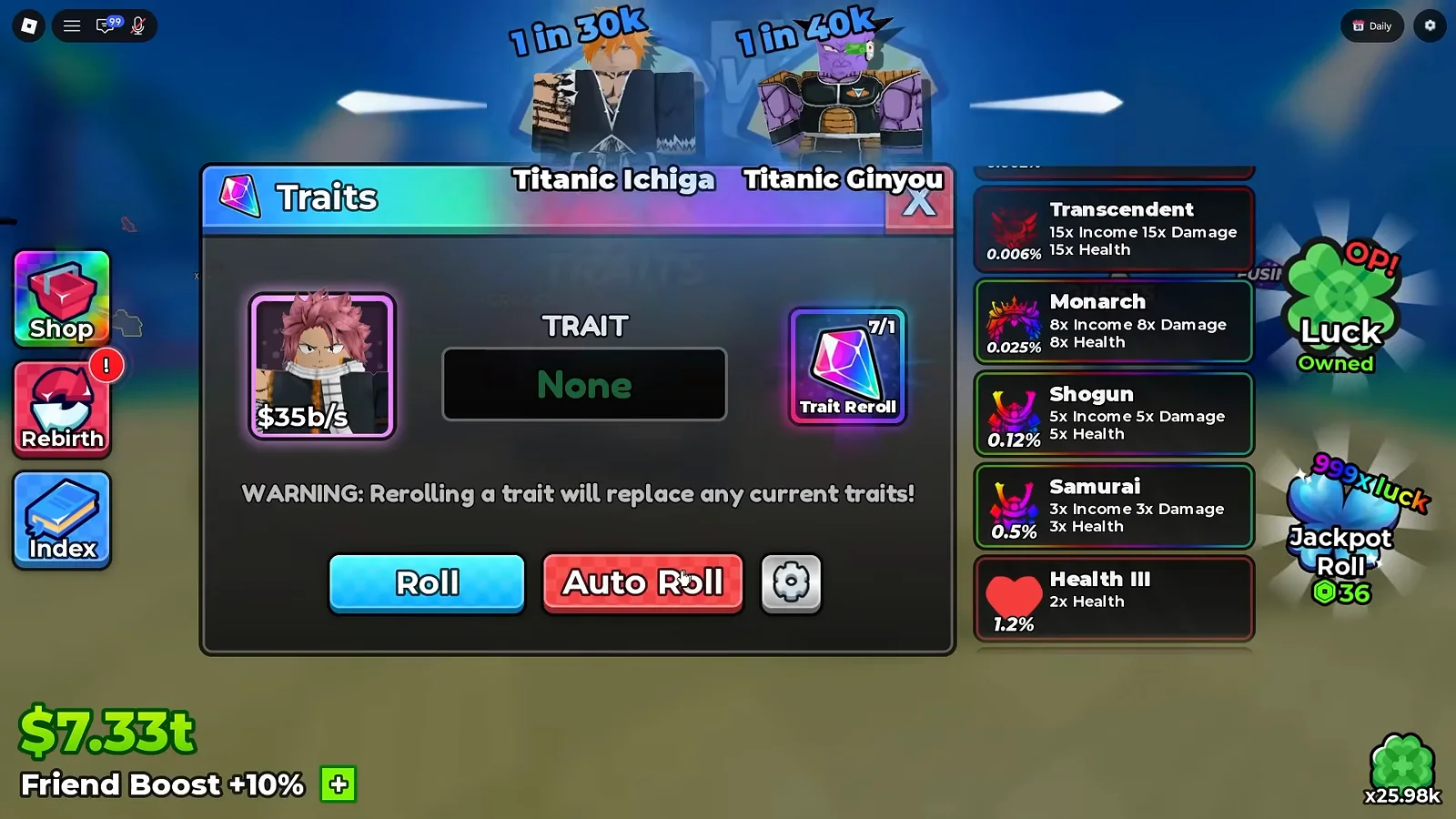 The Anime Dice Traits panel showing a TRAIT slot reading None, a Trait Reroll counter reading 7/1, the Roll and Auto Roll buttons, and a right-hand column of trait cards with percentages