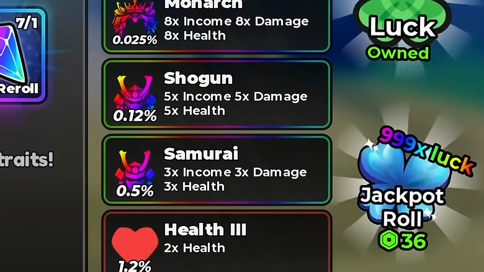 Anime Dice trait cards reading Monarch at 0.025 percent, Shogun at 0.12 percent, Samurai at 0.5 percent and Health III at 1.2 percent, each above its own income damage and health multipliers