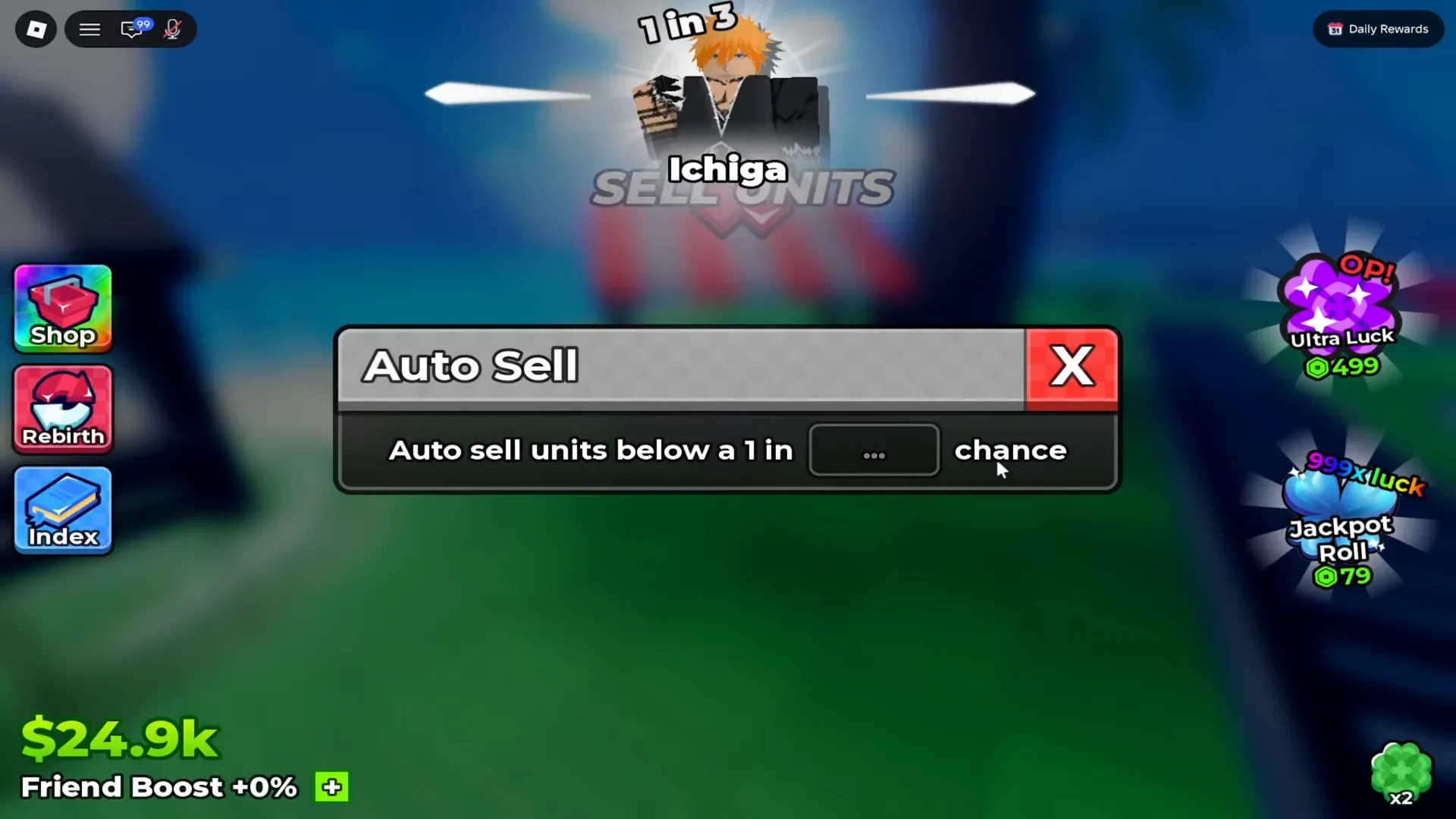Anime Dice's Auto Sell panel newly opened, its single row reading Auto sell units below a 1 in followed by an empty input box showing a grey three-dot placeholder and the word chance, with the cash HUD at $24.9k behind it