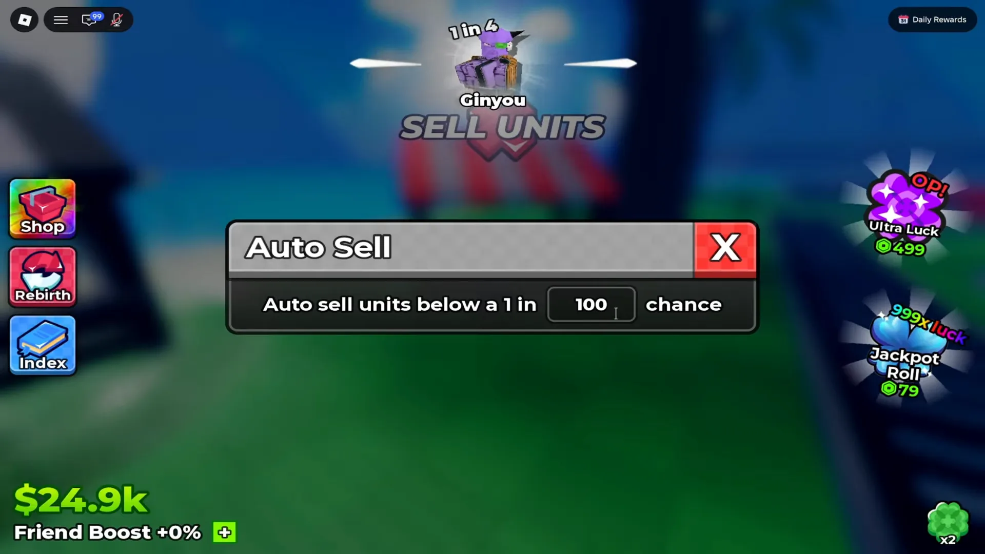 Anime Dice's Auto Sell row settled at the value 100 with the typing caret still in the box, completing the sentence Auto sell units below a 1 in 100 chance while the hub shows through behind the dimmed panel