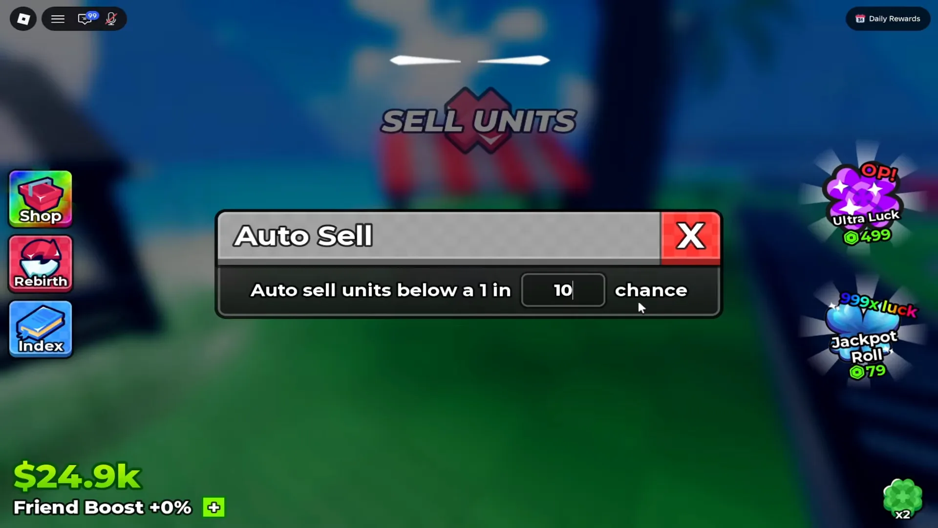 The same Anime Dice Auto Sell panel a fraction of a second later with the digits 10 typed into the threshold box, so the row reads Auto sell units below a 1 in 10 chance before the final zero lands
