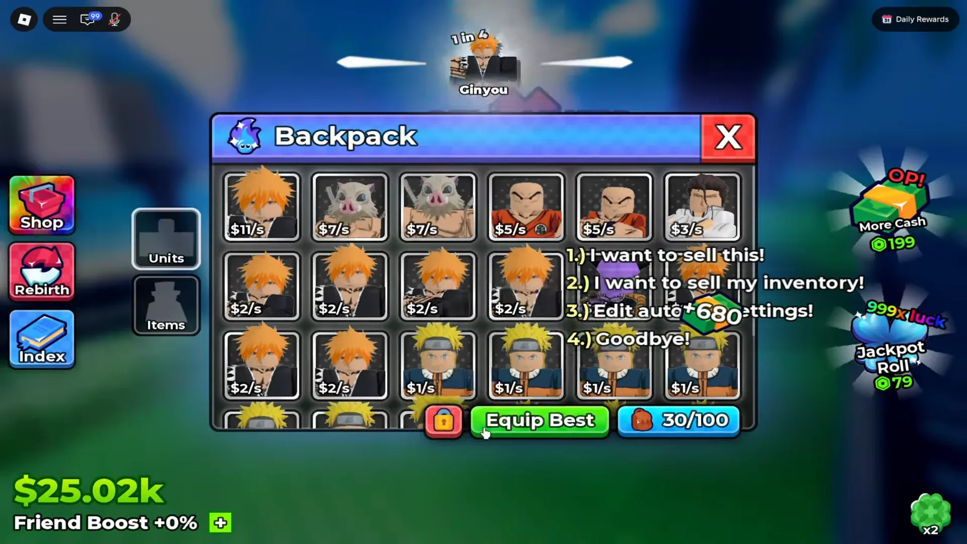 The Anime Dice Backpack panel with Units and Items tabs down its left side, a grid of owned cards each printing a cash-per-second figure, a padlock button, a green Equip Best button and a 30/100 capacity counter, and no sell control anywhere on it