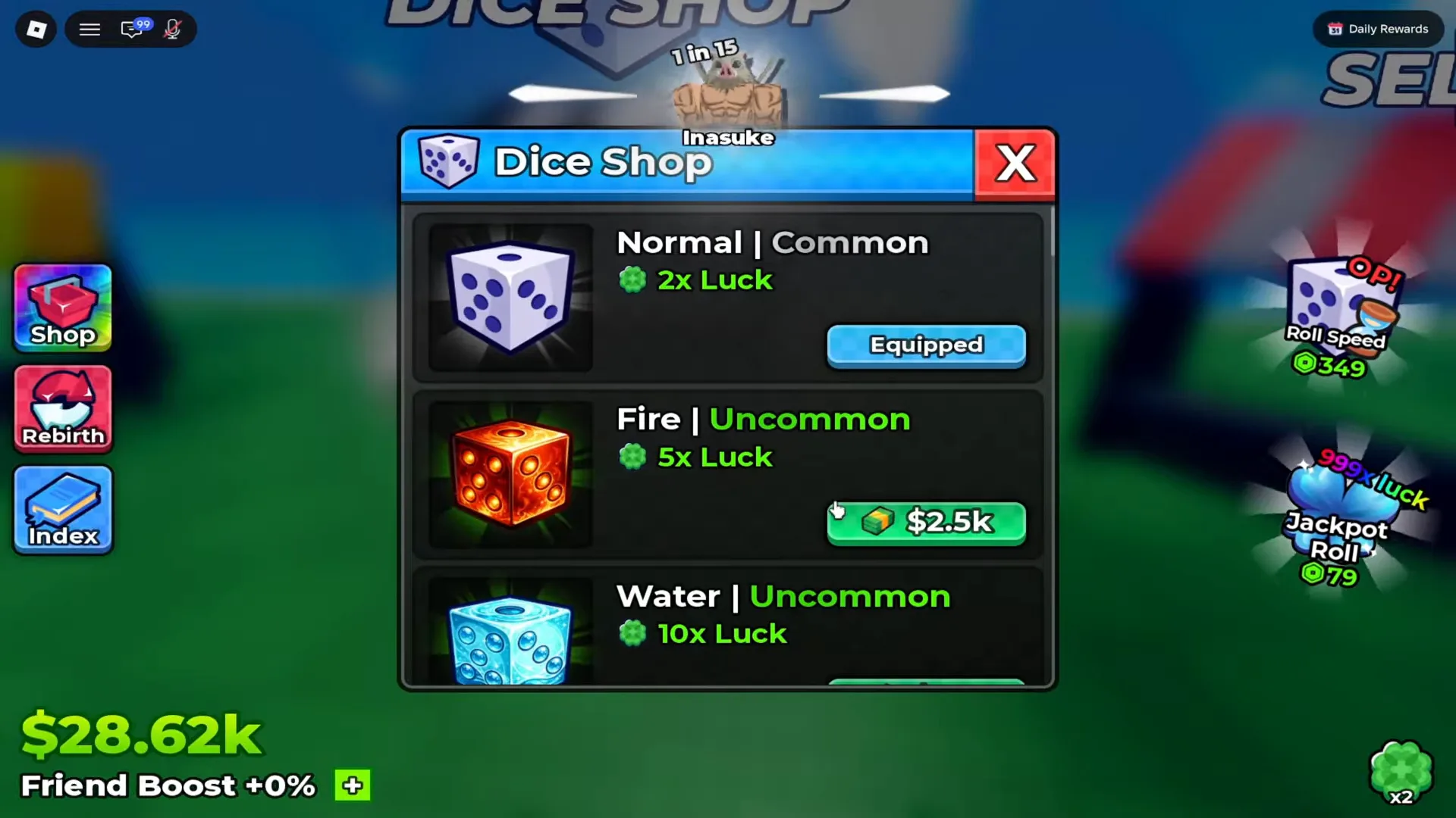 The Anime Dice hub three seconds after the inventory sale closed, the Dice Shop panel open on screen while the cash counter in the bottom-left corner reads $28.62k, up from $25.9k when the Confirm? dialog was still up