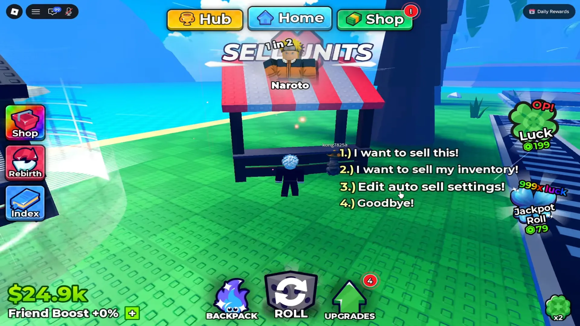 The Anime Dice SELL UNITS stall seen head-on, its red and white awning carrying raised SELL UNITS lettering while a four-line world menu reads I want to sell this, I want to sell my inventory, Edit auto sell settings and Goodbye over the hub's green floor