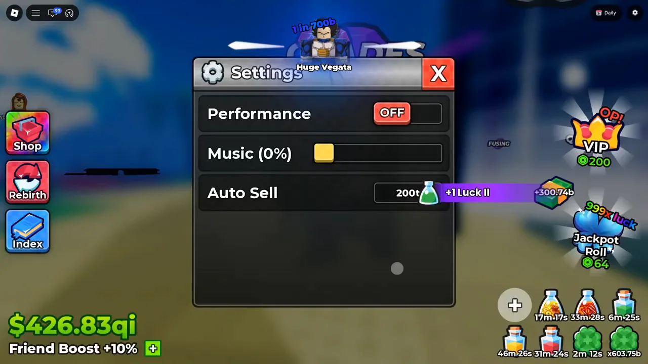 Anime Dice's Settings panel in a second recording with three labelled rows, Performance set OFF, Music at 0 percent and an Auto Sell row holding 200t, while a +1 Luck II popup clips the right edge of the value box