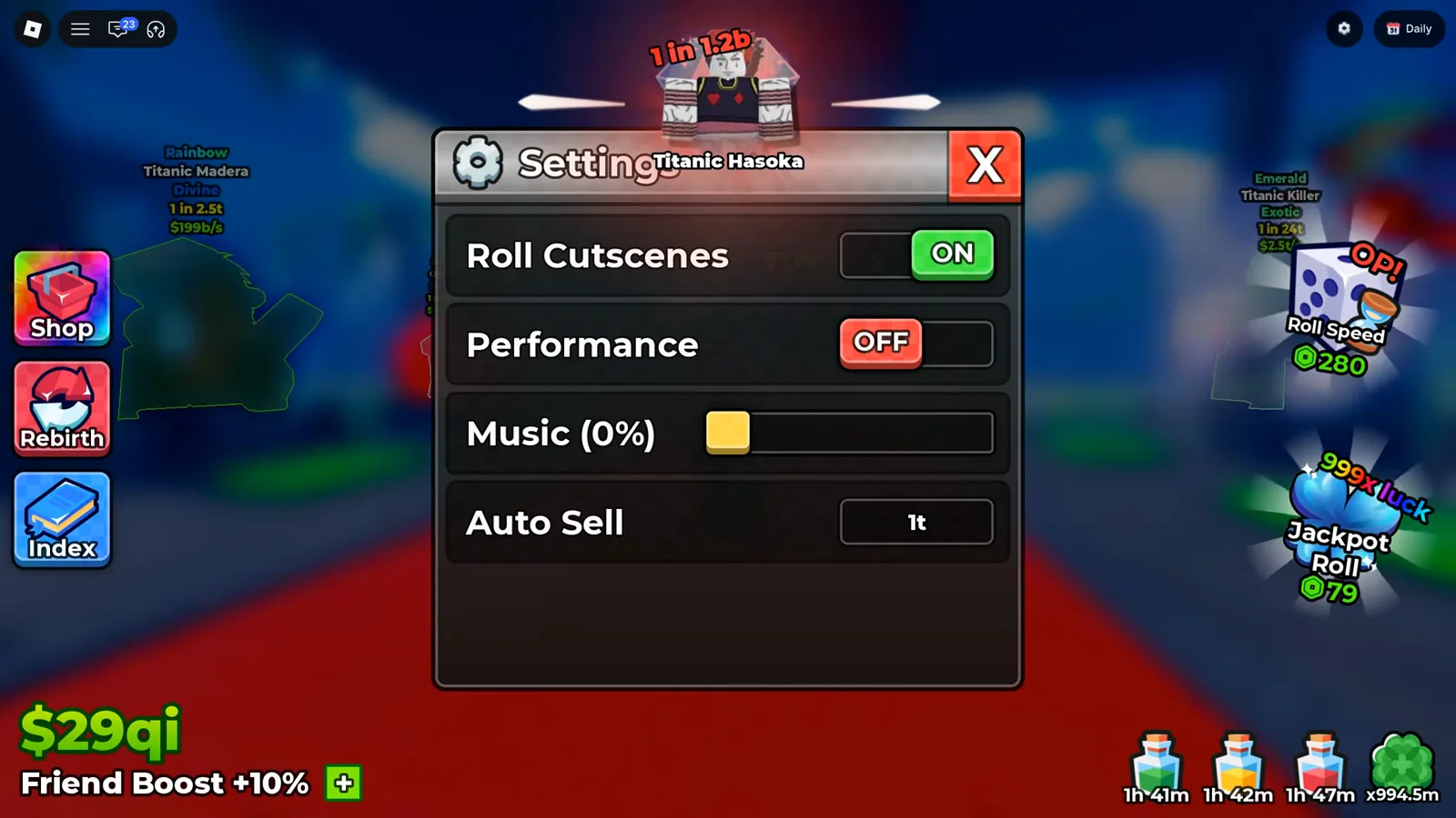 Four rows, one gear button: the entire settings surface of the game, on one screen The Anime Dice Settings panel open over the hub with a gear icon in its title bar and four rows reading Roll Cutscenes with a green ON toggle, Performance with a red OFF toggle, Music (0%) on a slider with the handle at the far left, and Auto Sell holding the value 1t