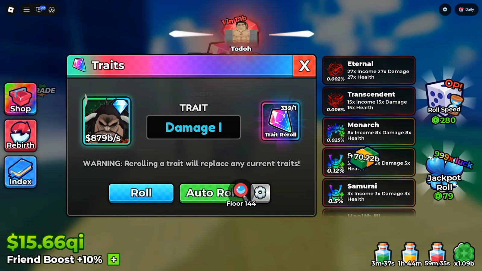 The gear beside Auto Roll is where a stop condition would live — and it is never opened on camera in this recording The Anime Dice Traits panel with a Money I trait in the centre slot, a Trait Reroll counter reading 339 of 1 at the right, the warning line about rerolling replacing the current trait, and a green Auto Roll button with a small gear icon button beside it