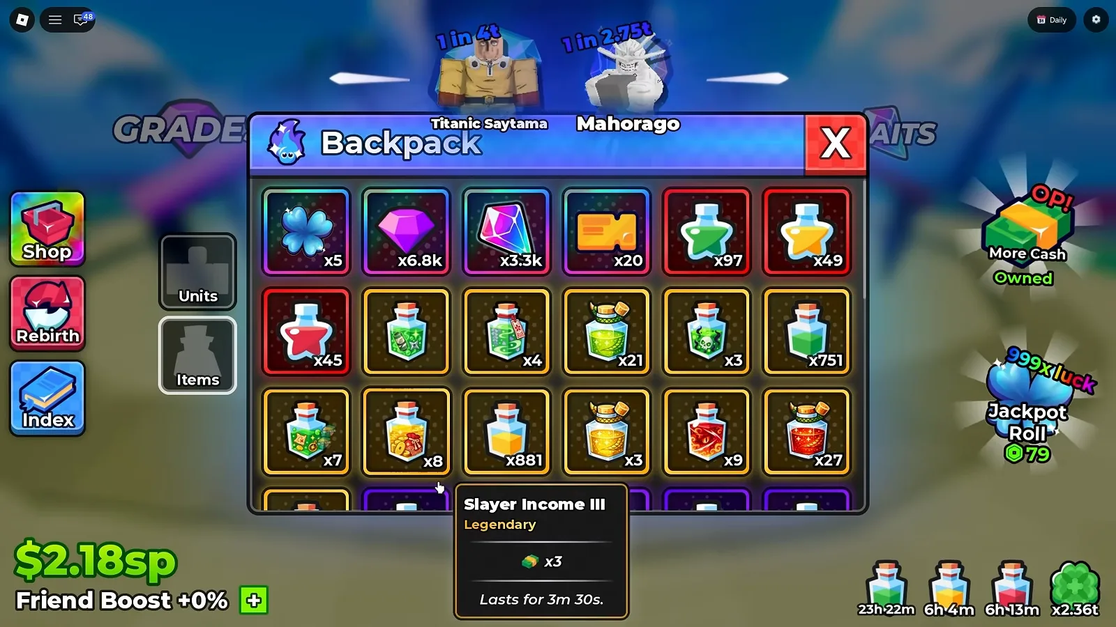 The third branch: income x3 for three and a half minutes, from the same gated band Anime Dice Backpack Items grid with a tooltip open over a gold potion reading Slayer Income III at Legendary rarity with a three times multiplier on a green and gold cash-stack icon and the line Lasts for 3m 30s