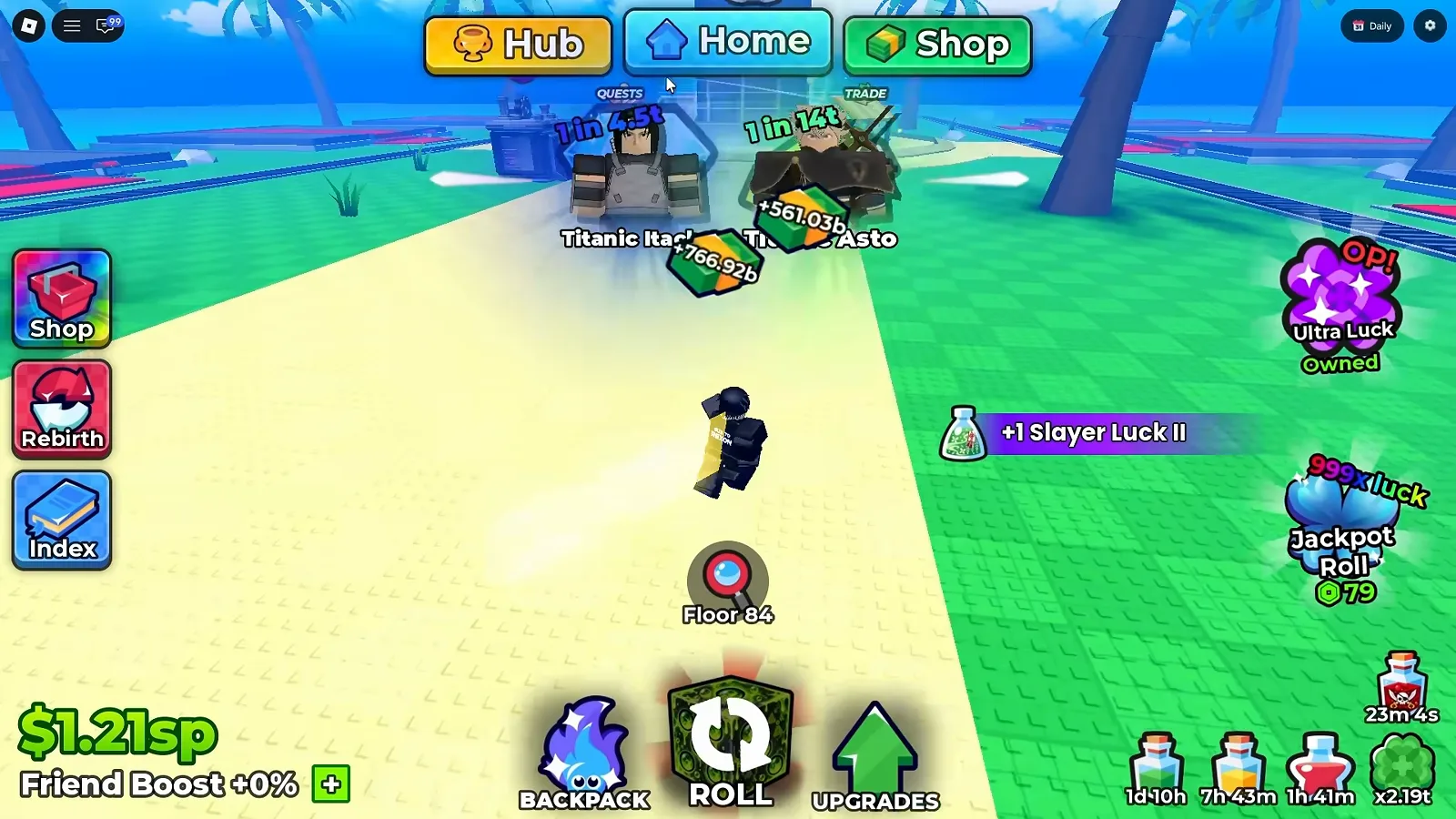 The other half of the set: luck x4 for three and a half minutes, sitting in the same inventory as the damage version Anime Dice Backpack Items grid with a tooltip open over a green potion reading Slayer Luck III at Legendary rarity with a four times clover multiplier and a duration of three minutes thirty seconds, while the TOWERS building sign stands in the hub behind the panel