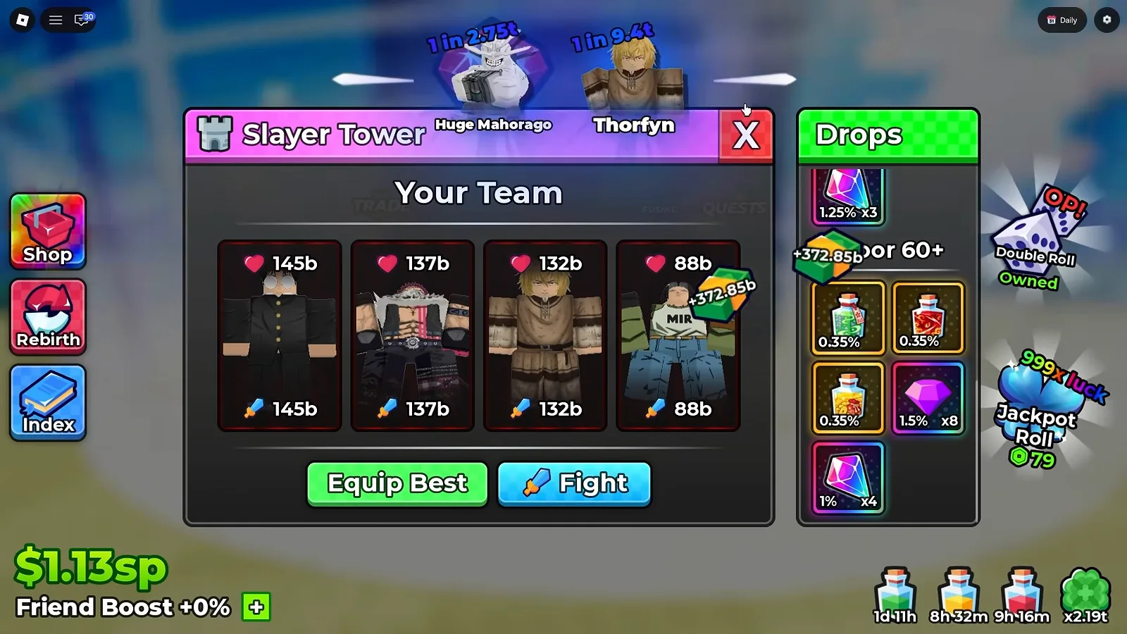 The gated band in full — note the potions are rarer than Floor 1+, but the gem and crystal pay more copies Anime Dice Slayer Tower Drops column scrolled to its Floor 60 plus band showing a green potion, a red potion and a gold potion each at 0.35 percent, a purple gem at 1.5 percent times eight and a pink holographic Trait Reroll crystal at 1 percent times four