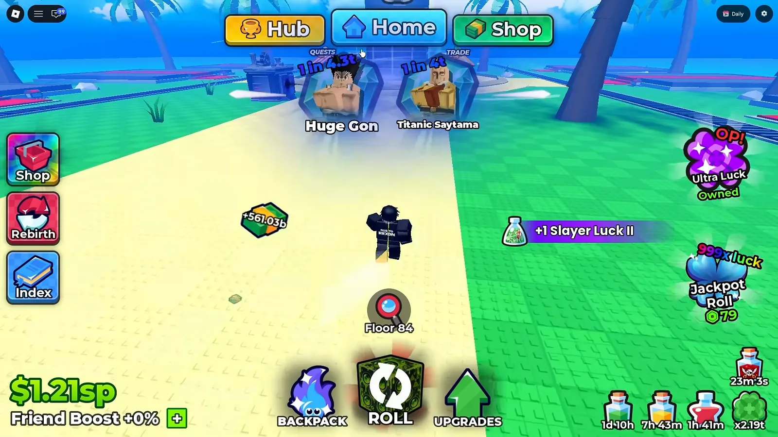 A run still climbing in the background while the player is back in the hub — and paying out Slayer potions at floor eighty-four Anime Dice hub with a Floor 84 counter badge at the bottom centre of the screen while a purple pickup toast reading plus one Slayer Luck II crosses the right side, with the player character standing on the sand between the QUESTS and TRADE signs