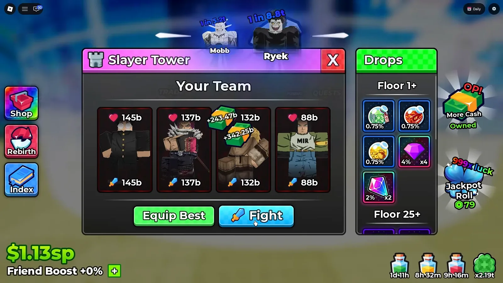 Cursor on Fight: four slots filled, and the whole loot table already readable before you commit Anime Dice Slayer Tower panel with a pink header banner, the Your Team heading over four filled unit cards showing 145b, 137b, 132b and 88b heart and sword values, the cursor on the blue Fight button, and a Drops column reading a Floor 1 plus band of 0.75 percent potions, a 4 percent gem and a 2 percent crystal above a Floor 25 plus header