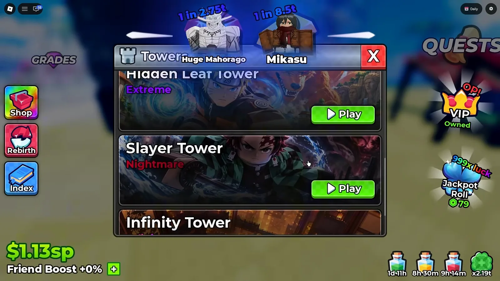 One scroll settles the ordering argument: Extreme, then Nightmare, then Infinity Anime Dice Towers menu scrolled so the Hidden Leaf Tower row with its purple Extreme subtitle is directly above the Slayer Tower row with its red Nightmare subtitle, both carrying green Play buttons and the Infinity Tower row starting below