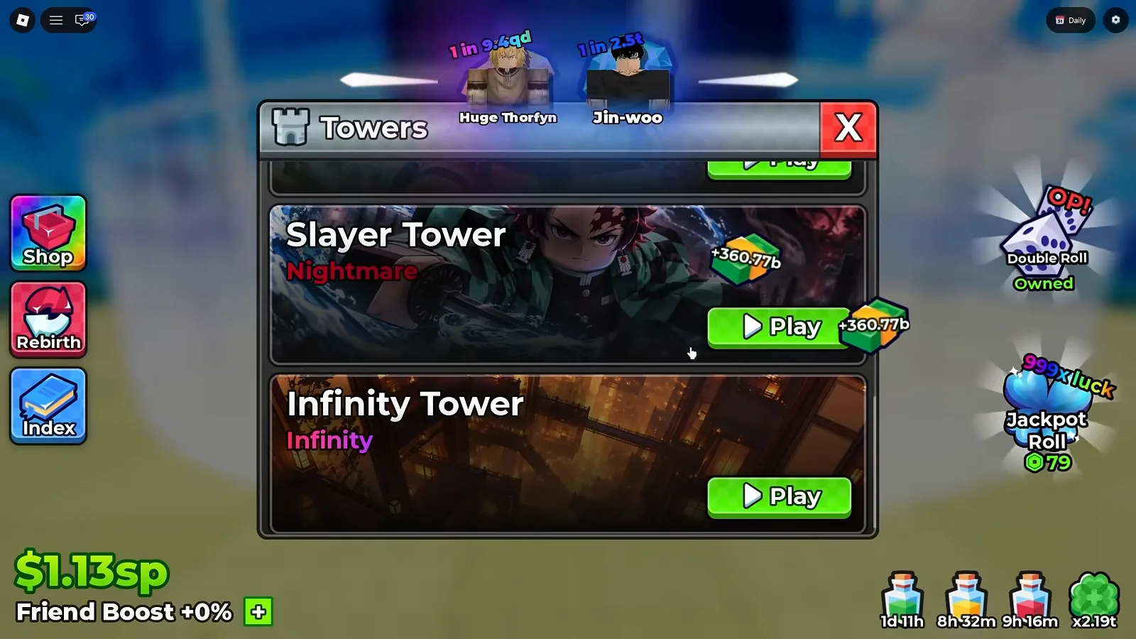 Nightmare is the word the new tower carries — and it is the row sitting just above Infinity The Anime Dice Towers menu open at the bottom of its list with the Slayer Tower row printed in white above the red subtitle Nightmare and a green Play button, and the Infinity Tower row with its magenta Infinity subtitle directly beneath it