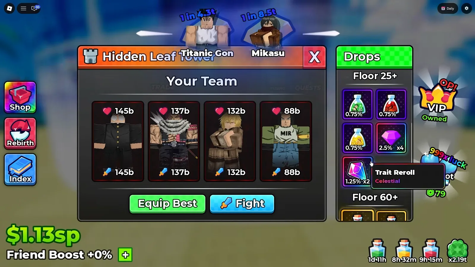 Anime Dice Hidden Leaf Tower panel with its Drops column scrolled to show a Floor 25 plus band of three potions at 0.75 percent each, a purple gem at 2.5 percent times four and a pink holographic crystal at 1.25 percent times two whose open tooltip reads Trait Reroll at Celestial rarity, above a Floor 60 plus header