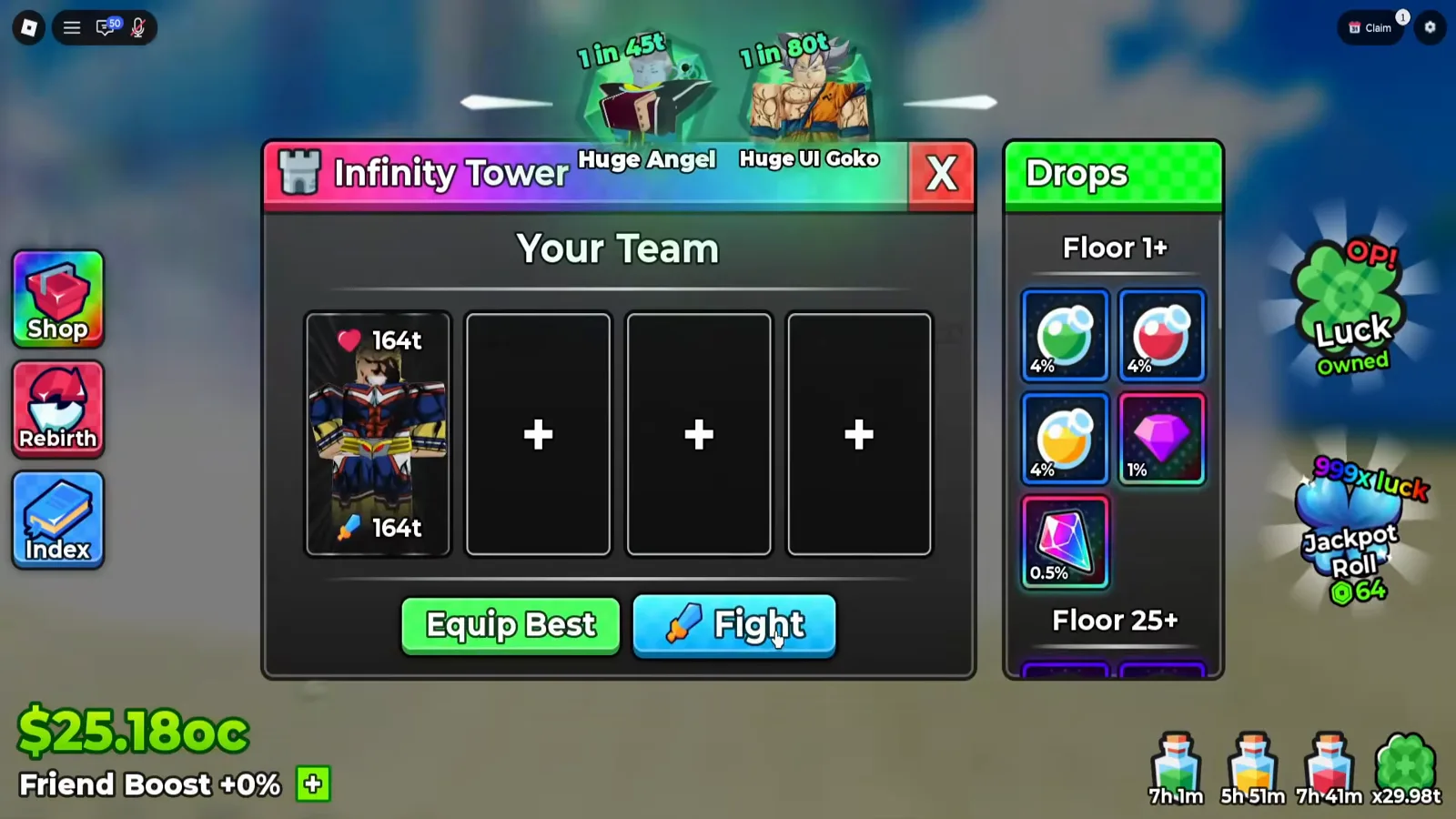 Anime Dice tower Drops column on Infinity Tower showing the Floor 1+ band with five tiles stamped 4% green potion, 4% red potion, 4% yellow potion, 1% purple gem and 0.5% rainbow shard above a Floor 25+ header whose tiles are cut off at the panel edge