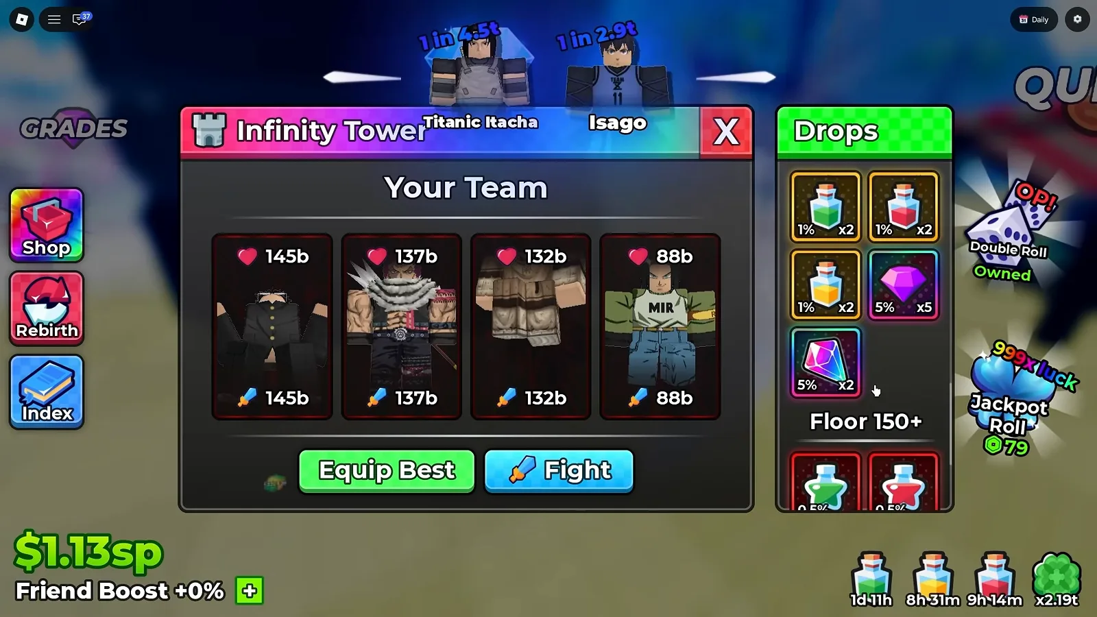 Anime Dice Infinity Tower panel with a pink and purple header banner, four team slots at 145b, 137b, 132b and 88b, and a Drops column whose top band lists three potions at 1 percent times two, a purple gem at 5 percent times five and a Trait Reroll crystal at 5 percent times two above a Floor 150 plus header and two star-shaped potions at 0.5 percent