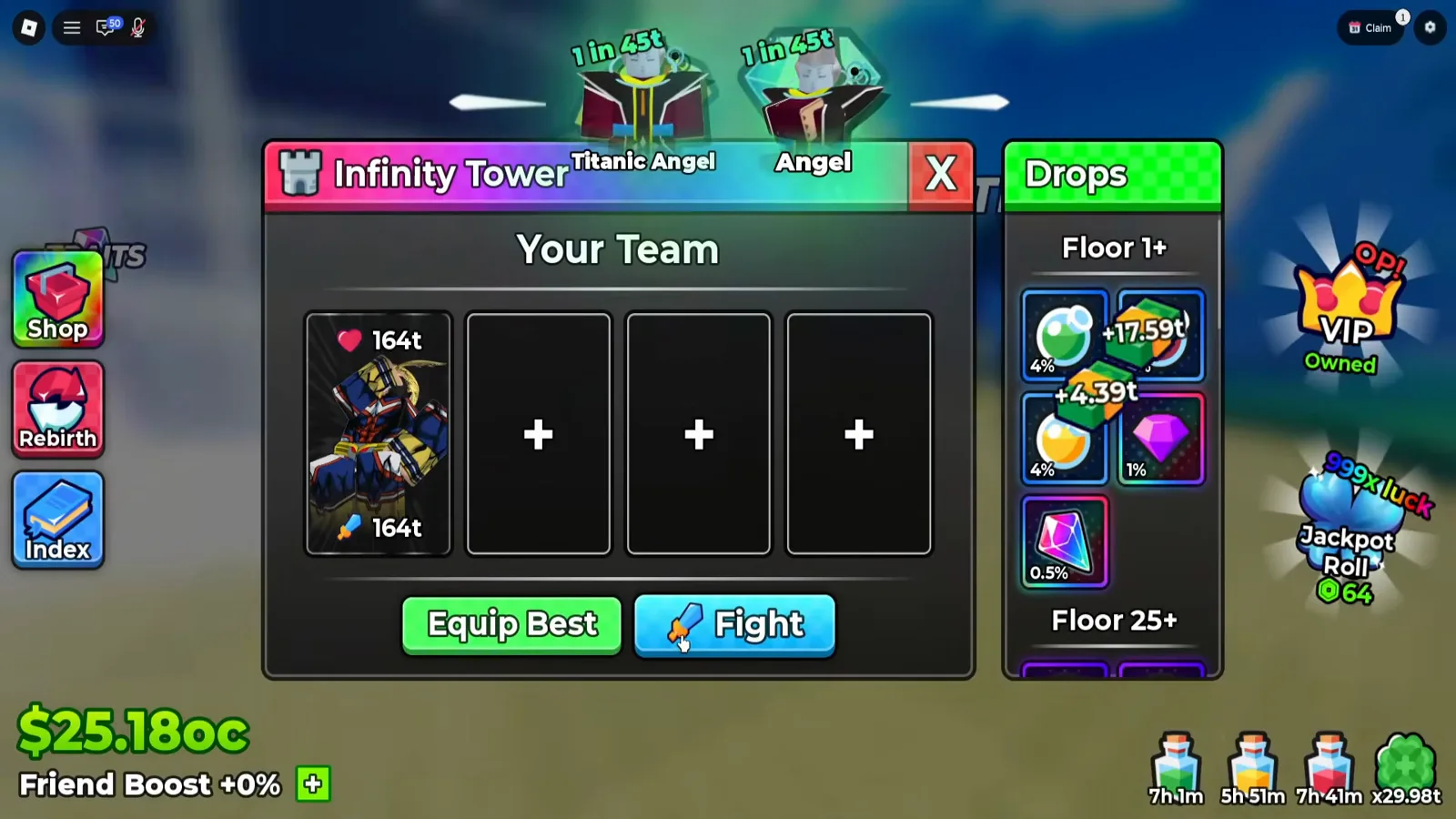 Anime Dice Infinity Tower panel with Your Team showing one unit at 164t in the first of four slots beside Equip Best and Fight buttons, and a green Drops column on the right headed Floor 1+ with drop tiles stamped 4%, 4%, 1% and 0.5% and a Floor 25+ header below