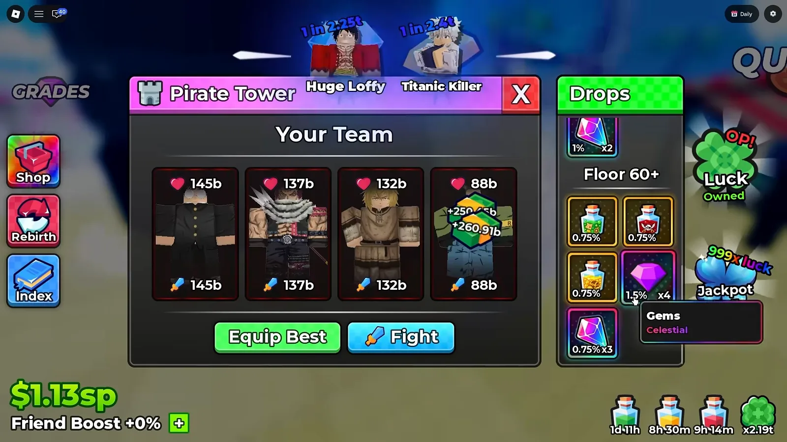 Anime Dice Pirate Tower panel with its Drops column scrolled to the Floor 60 plus band showing a green potion, a red skull potion and a gold potion each at 0.75 percent, a purple gem at 1.5 percent times four whose tooltip reads Gems at Celestial rarity, and a Trait Reroll crystal at 0.75 percent times three