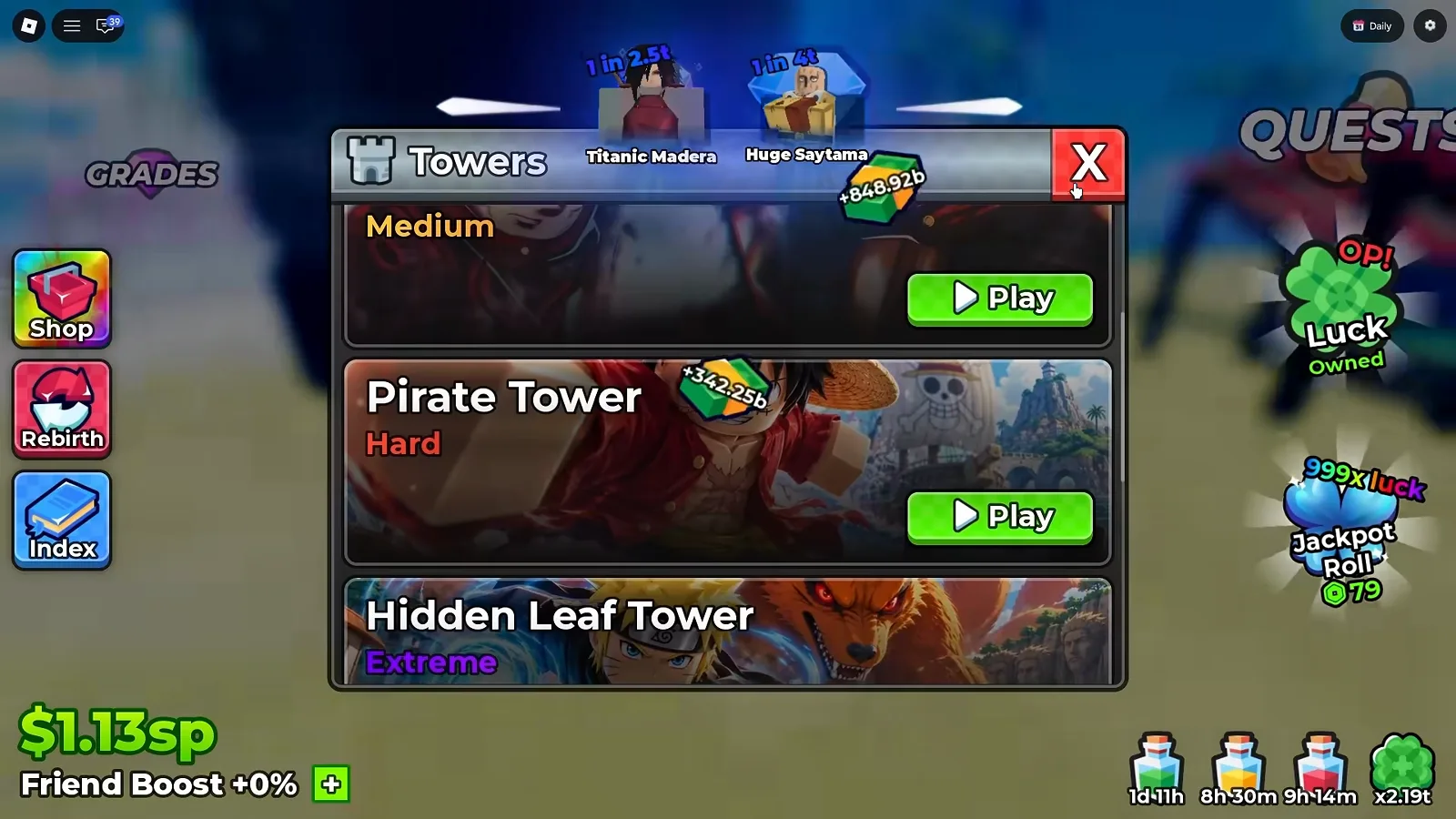 Anime Dice Towers menu scrolled to its middle rows showing a partially cut row with the orange Medium subtitle above the Pirate Tower row marked Hard in red and the Hidden Leaf Tower row beginning below it, each row carrying a green Play button over its own banner art