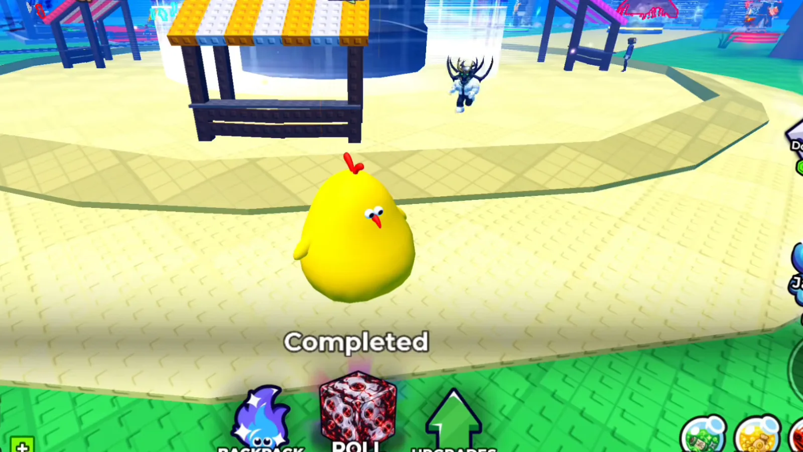 The Anime Dice hub immediately after the trade window closes, with the word Completed printed in white outline under the player, the TRADE stall's striped awning behind and the other player still standing nearby