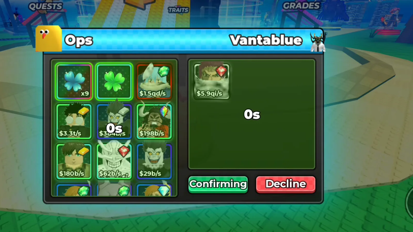 The Anime Dice trade window with both halves reading 0s and a green Confirming button beside a red Decline button